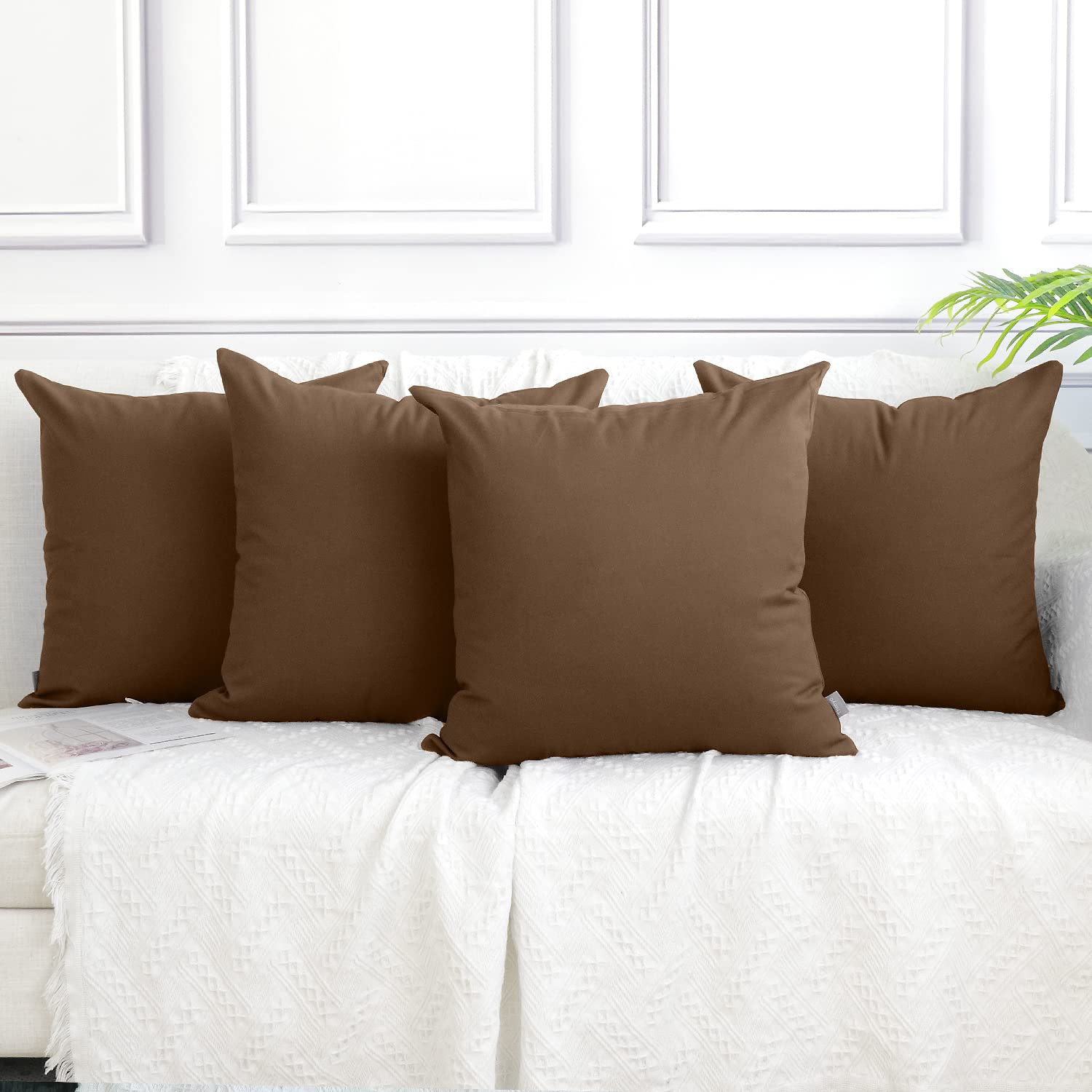 4 Pack Cotton Pillow Covers - 18x18 Inch (45x45cm) Solid Square Throw Pillow Cases for Sofa, Bed & Home Decor - Coffee Color (Cover Only) | Perfect for Living Room, Bedroom & Dorm Decorations