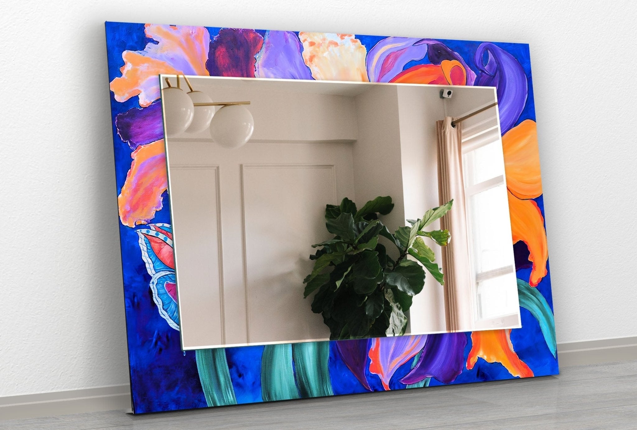 Abstract Purple Flower Painting Wall Mirror - Elegant Home Decor for Living Room, Bedroom & Bathroom | Perfect for Modern & Bohemian Interior Design