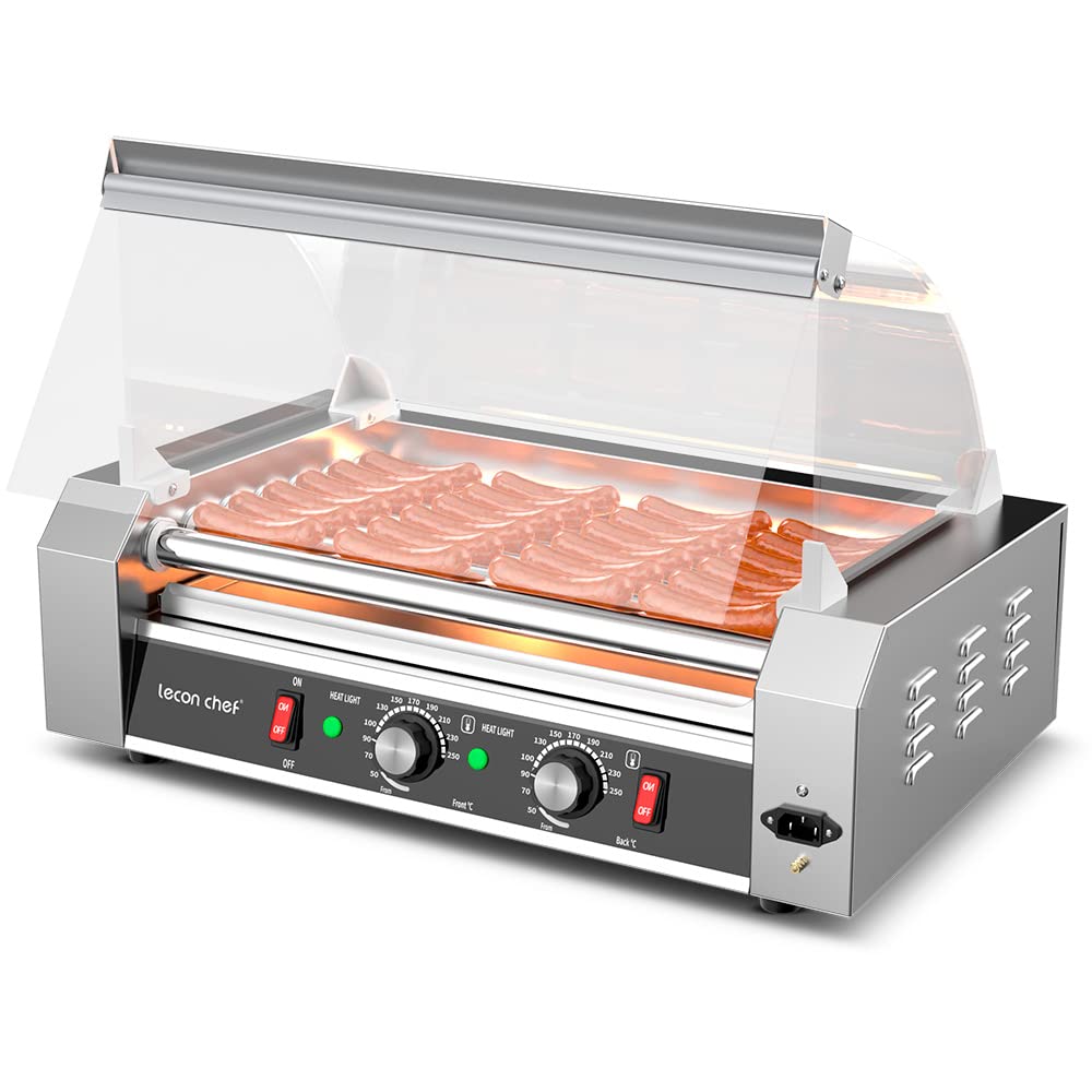 Leconchef Commercial Electric Hot Dog Roller Machine - 7 Stainless Steel Roller Grill with Dual Temp Control, Detachable Glass Cover & LED Display | Perfect for Restaurants, Food Trucks, and Convenience Stores