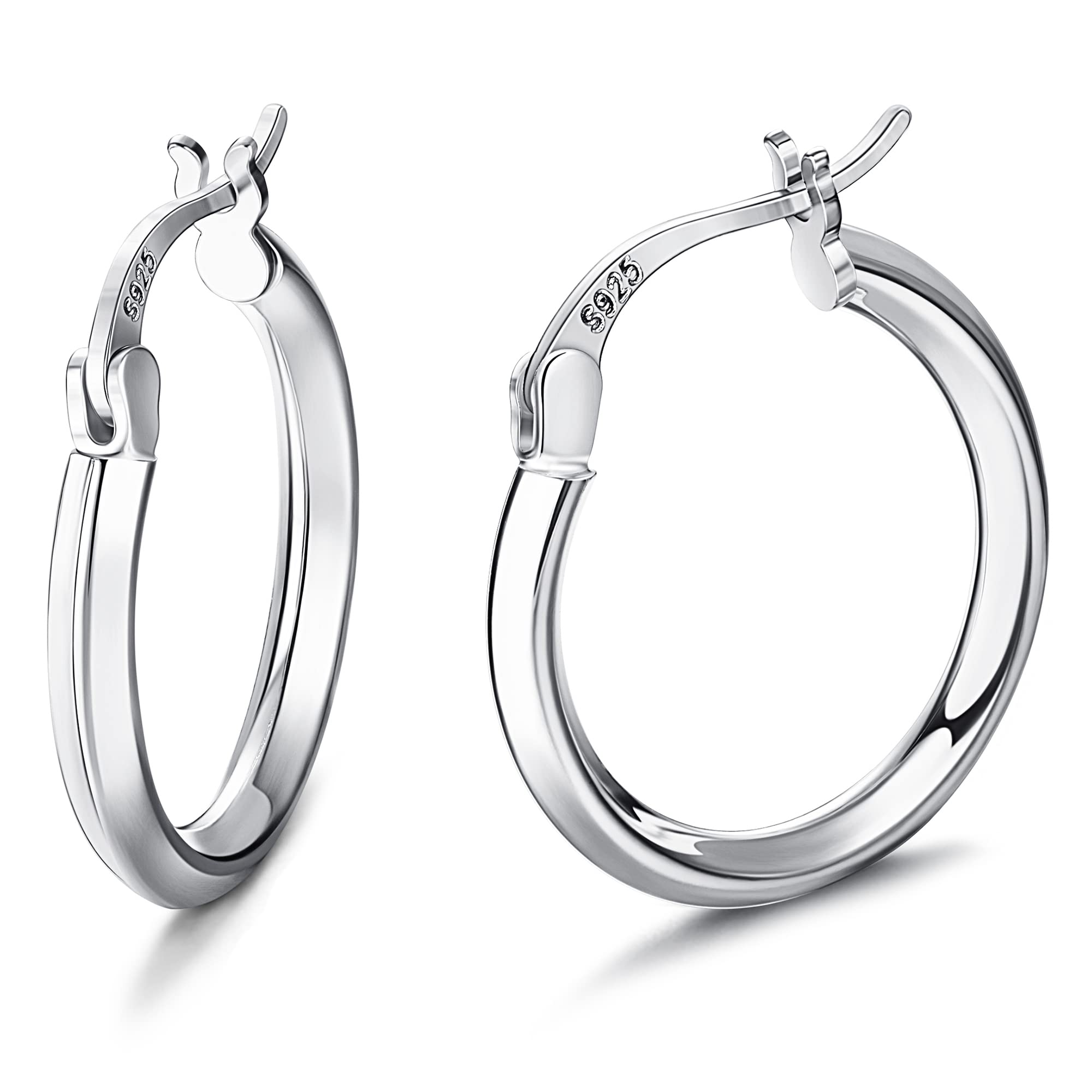925 Sterling Silver Hoop Earrings for Women - High Polished Beveled Edge Huggie Earrings | 18K White Gold Plated Lightweight Click-Top Hoops | Perfect for Everyday Wear, Parties & Gifts