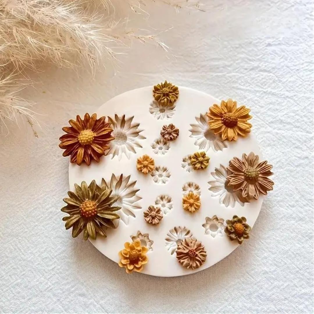 Skytail 13 Cavity Daisy Sunflower Silicone Mold for Fondant, Chocolate, Candy, Cake Decorating - Perfect for Cupcake Toppers, Jelly Desserts, Ice Cubes, Soap, Candle Wax & Resin Jewelry Making - DIY Baking & Craft Essential