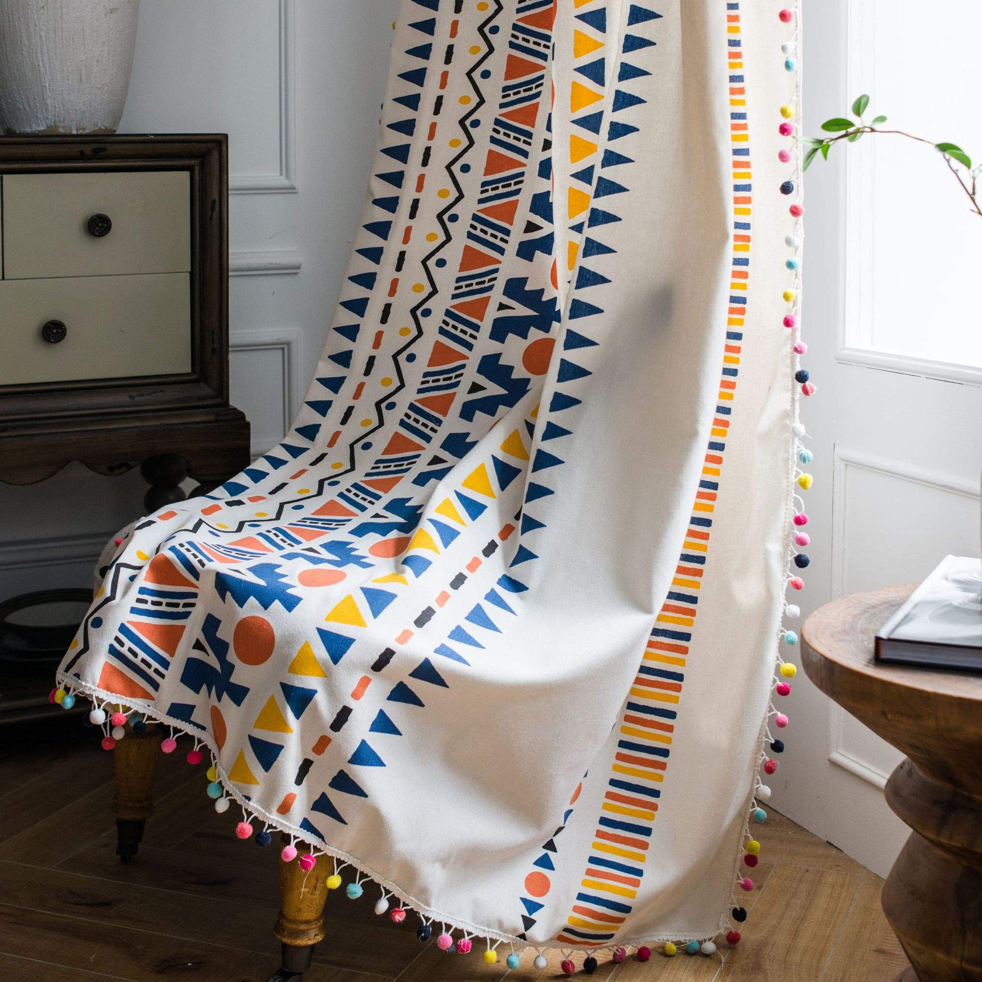 Bohemian Style Chic and Fresh Curtains - Colorful Geometric Pattern with Tassel Trim, 1 Panel Rod Pocket Semi-Sheer Window Treatment for Kitchen, Bedroom, Bathroom & Floating Windows (59x63 Inches) - Perfect for Boho Home Decor, Sun Filtering & Privacy