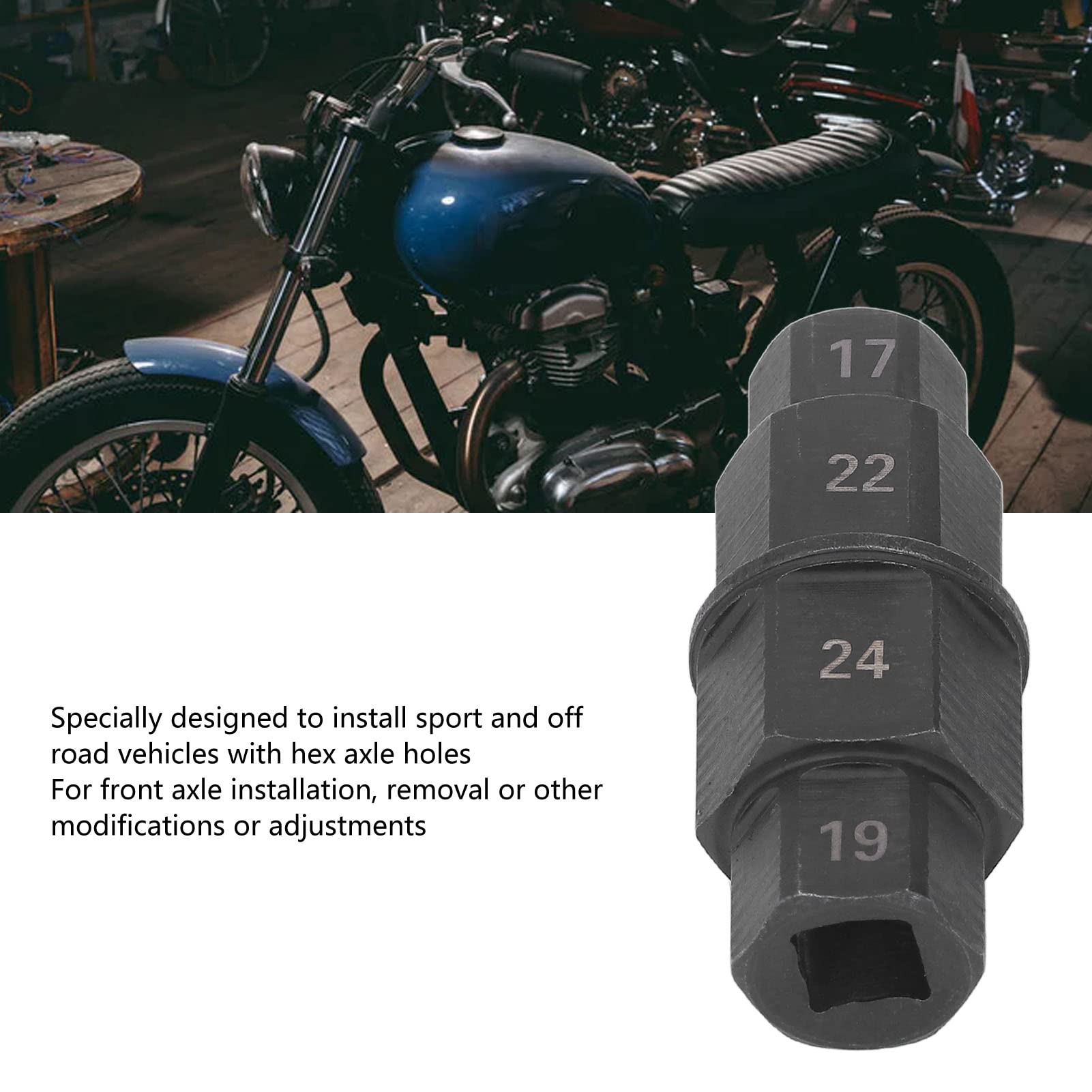 **Zunate 17mm 19mm 22mm 24mm Hex Axle Tool - Motorcycle Front Axle Wheel Socket Adapter - Heavy Duty Black Spindle Wrench for Bike Maintenance & Repair**    *(Perfect for Motorcycle Wheel Removal, Front Axle Adjustments, and DIY Bike Repairs at Home or Garage)*