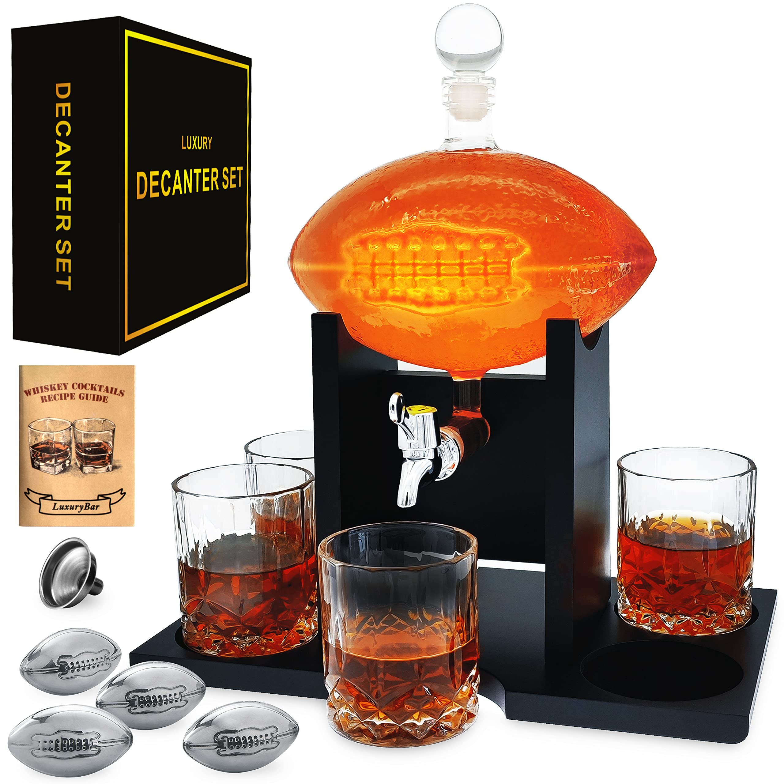 Premium Football Whiskey Decanter Set with 4 Glasses - Perfect for Bourbon, Scotch & Tequila | Unique Sports-Themed Liquor Decanter for Men | Ideal for Game Day Parties, Man Cave Decor & Whiskey Lover Gifts