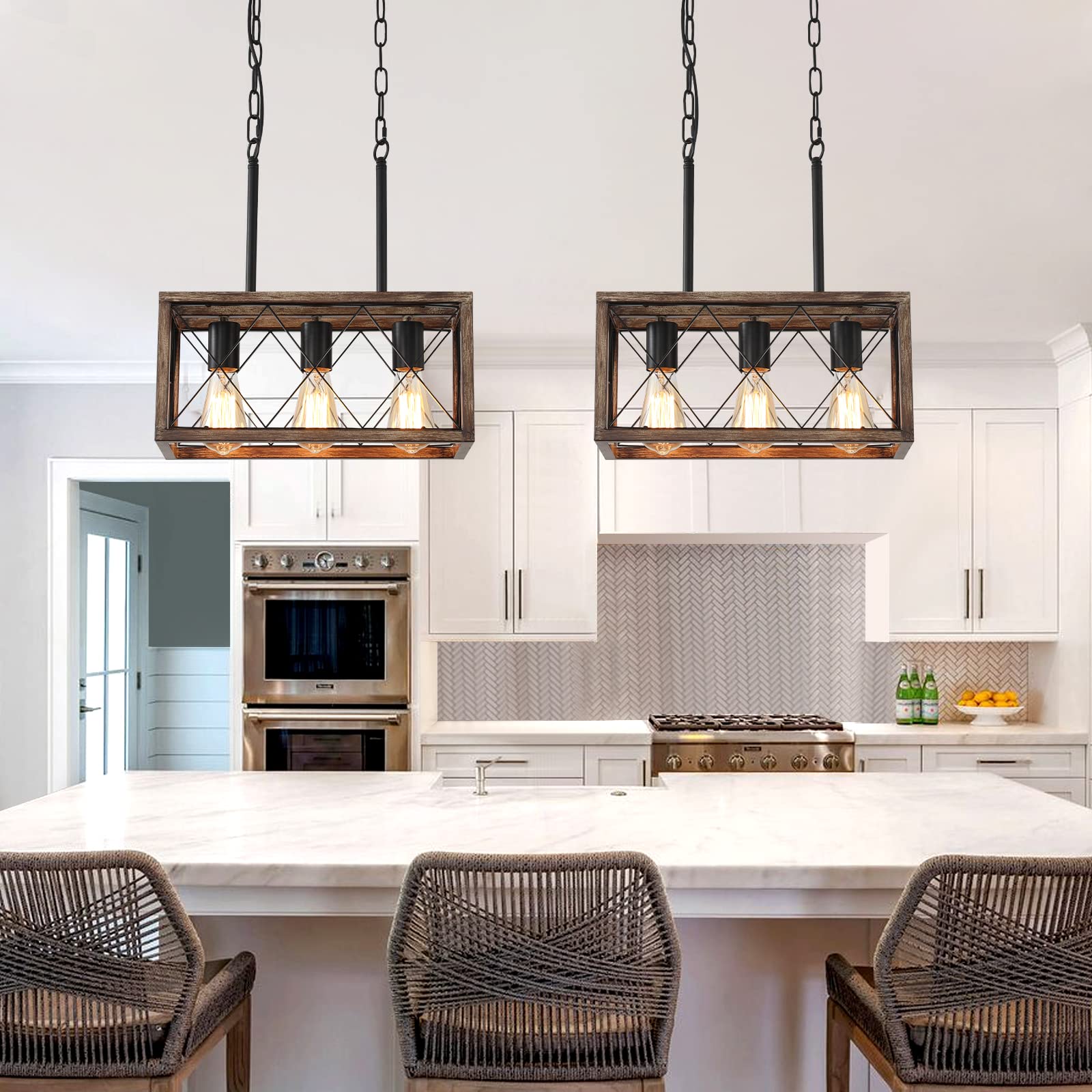 KEESFU Farmhouse Kitchen Island Lighting - 3 Lights Adjustable Height Pendant Fixtures, Industrial Wood Grain Dining Room Light for Living Room, Foyer, Over Sink, and Breakfast Bar