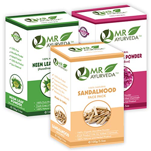 MR Ayurveda Organic Rose Petals Powder, Sandalwood Face Pack & Neem Powder Set - 3x100g Natural Skincare for Glowing Skin | DIY Face Masks, Ayurvedic Beauty Routine