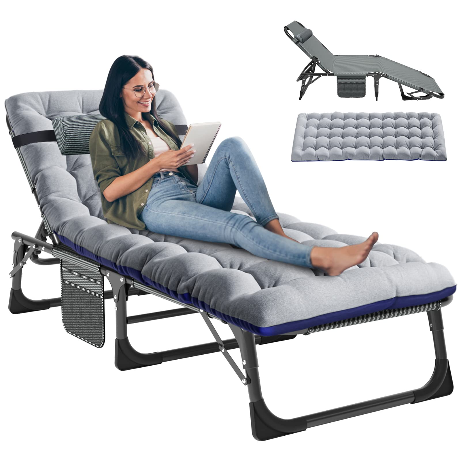 LILYPELLE 5-Position Adjustable Folding Lounge Chair with Mattress - Portable Outdoor Chaise Lounge for Sunbathing, Camping, Beach, Pool & Patio - Perfect for Relaxing, Travel & Backyard Use