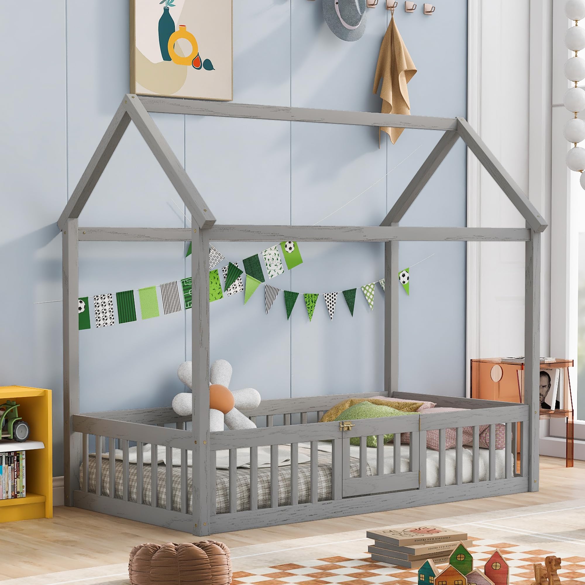 MERITLINE Twin Size Wooden Playhouse Bed Frame with Rails & Door - Montessori Floor Bed for Kids with Fence & Roof - Safe House Bed for Boys & Girls (Gray Wash) | Perfect for Bedrooms, Playrooms & Montessori Learning Spaces