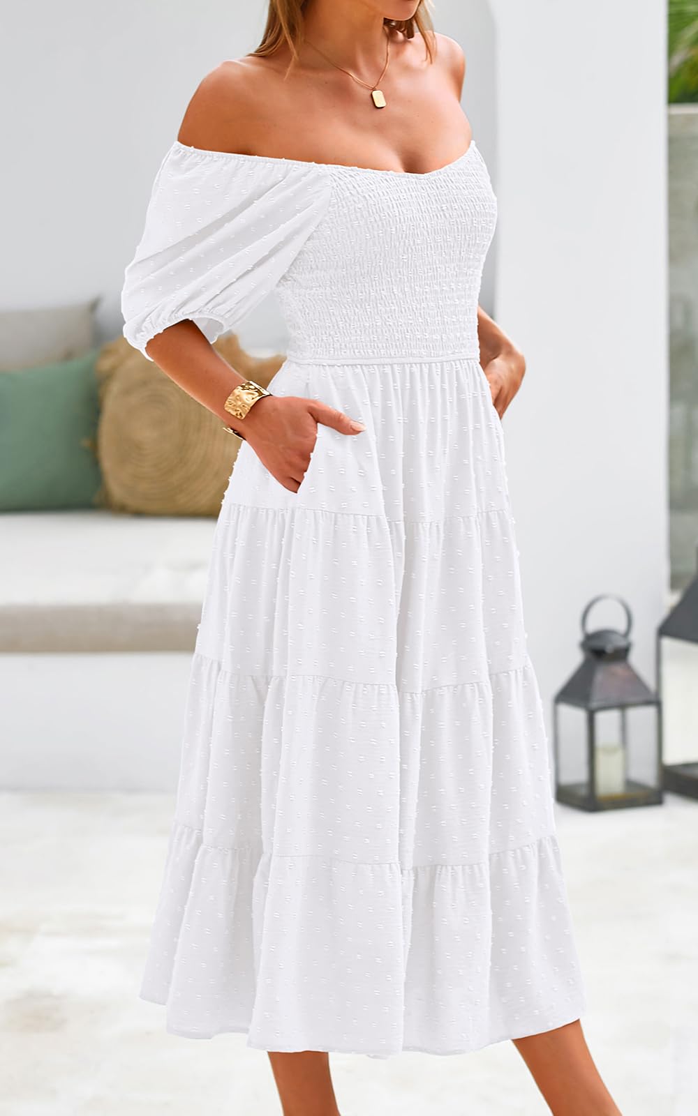 PRETTYGARDEN Women's Floral Chiffon Maxi Dress 2025 - Puff Sleeve V-Neck Swiss Dot High Waist Tiered Smocked Summer Dress for Beach Wedding, Vacation & Date Night