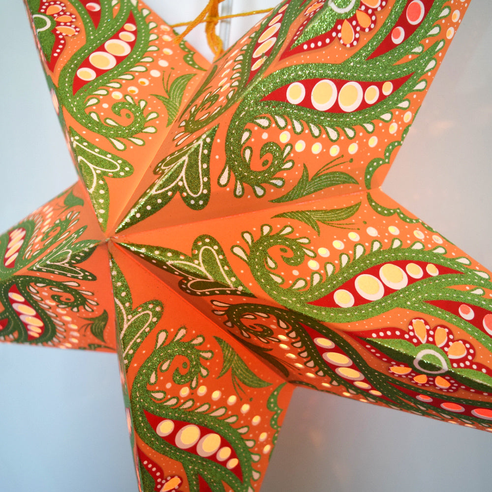 24 Orange Bloom Glitter Paper Star Lanterns - Hanging Wedding & Party Decorations for Indoor/Outdoor Events, Baby Showers & Festive Celebrations