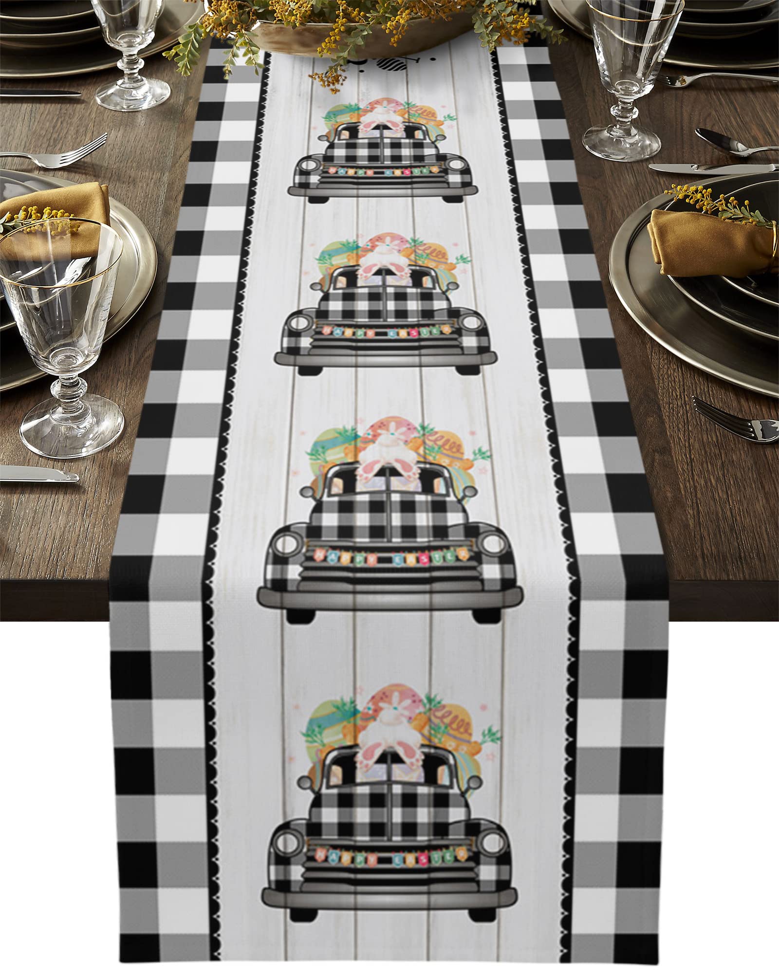 Easter Burlap Table Runner - Farmhouse Bunny Tail Black White Buffalo Check Kitchen Dining Table Decor for Easter, Thanksgiving & Holiday Parties | Perfect for Farmhouse, Rustic & Country Style Home Decor