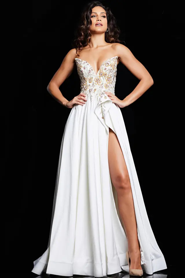Elegant Off White Strapless High Slit Evening Gown by Jovani | Dakota Style 23937 | Perfect for Prom, Red Carpet & Formal Events
