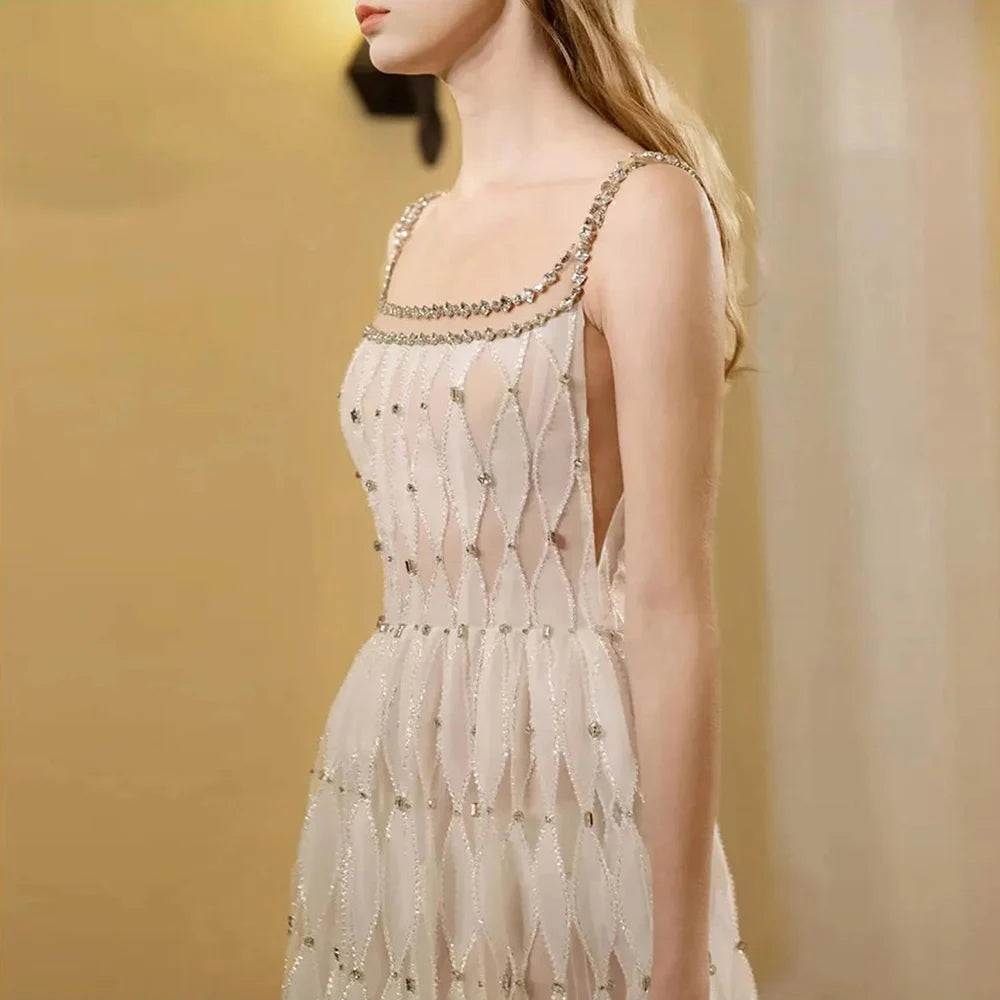 Luxury Crystal Dubai White Evening Dress for Women - Square Neckline Midi Formal Gown for Wedding, Prom, Party | Elegant & Comfortable for Special Occasions