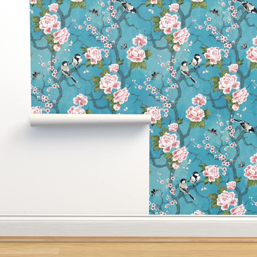 Peel & Stick Wallpaper Swatch - Peony Chinoiserie Sakura Flowers Butterfly Birds Floral Asian Inspired Custom Removable Wallpaper by Spoonflower | Perfect for Nursery, Bedroom, Living Room & Office Decor