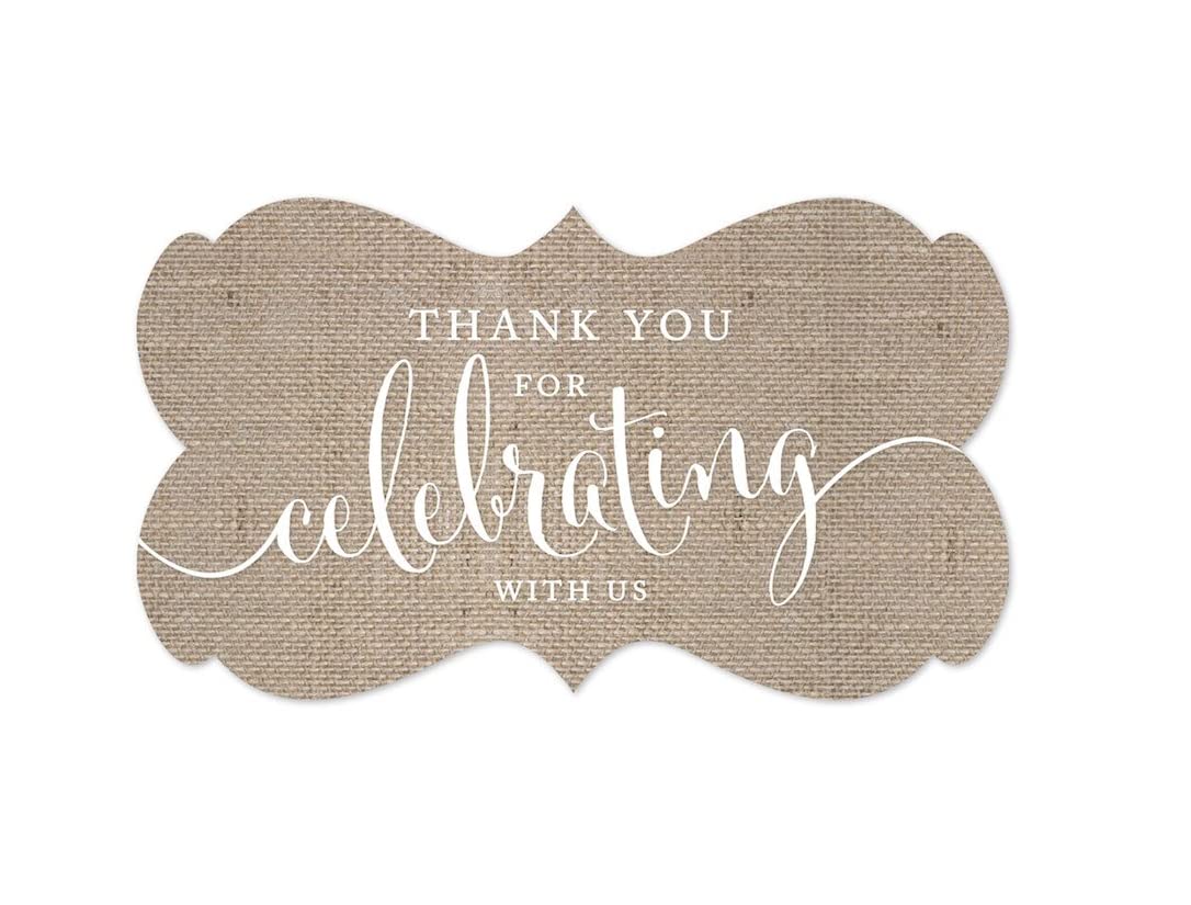 Andaz Press Fancy Frame Rectangular Label Stickers - 36-Pack Burlap Print Wedding Decorations, Thank You for Celebrating with Us - Perfect for Wedding Favors, Packaging Labels, Party Favors & DIY Gift Tags | Great for Bridal Showers, Anniversary Parties & Special Event Decor
