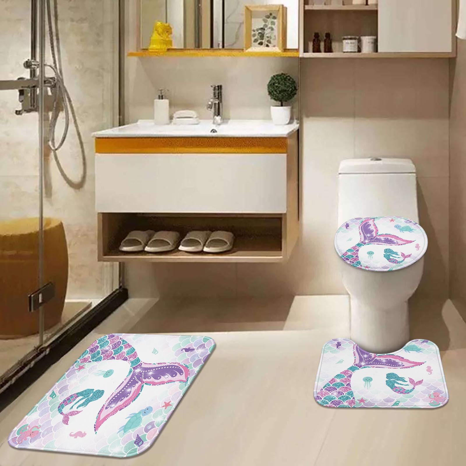 ArtSocket Pink Mermaid Tail Bathroom Set - 4 Piece Shower Curtain with Matching Rugs, Sea Turtle & Seahorse Design | Coastal Themed Bathroom Decor for Kids & Teens | Perfect for Beach House, Summer Vacation or Mermaid Lover's Bathroom
