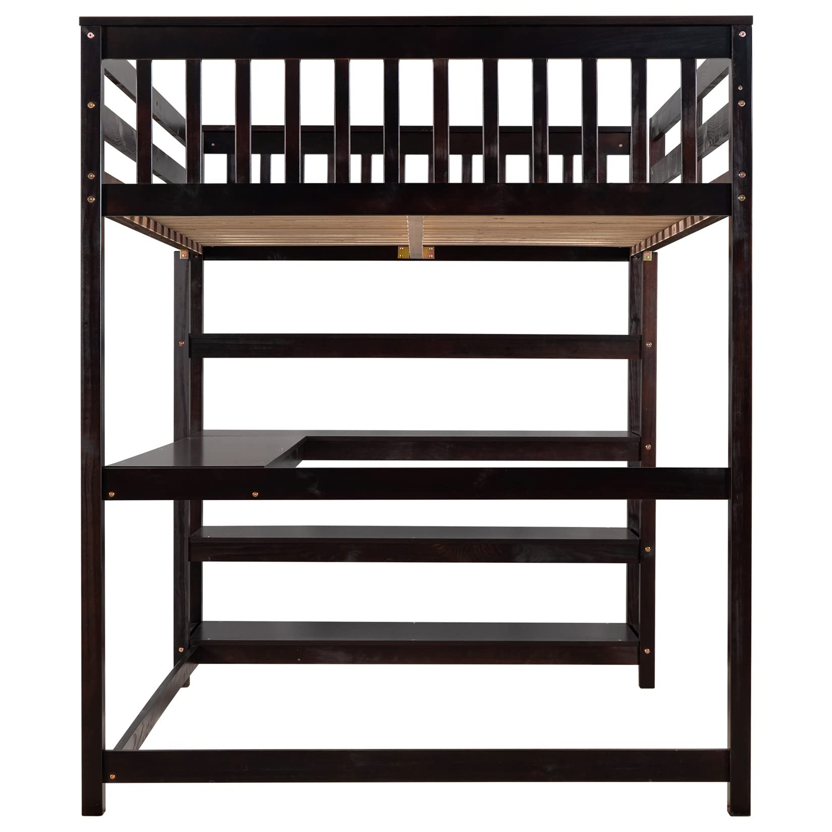 Bellemave Full Size Wooden Loft Bed with Built-in Desk & 4-Shelf Bookcase - Sturdy Storage Loft Bed for Teens, Kids, Dorm Rooms - Espresso Finish - Perfect for Small Spaces & Study Areas