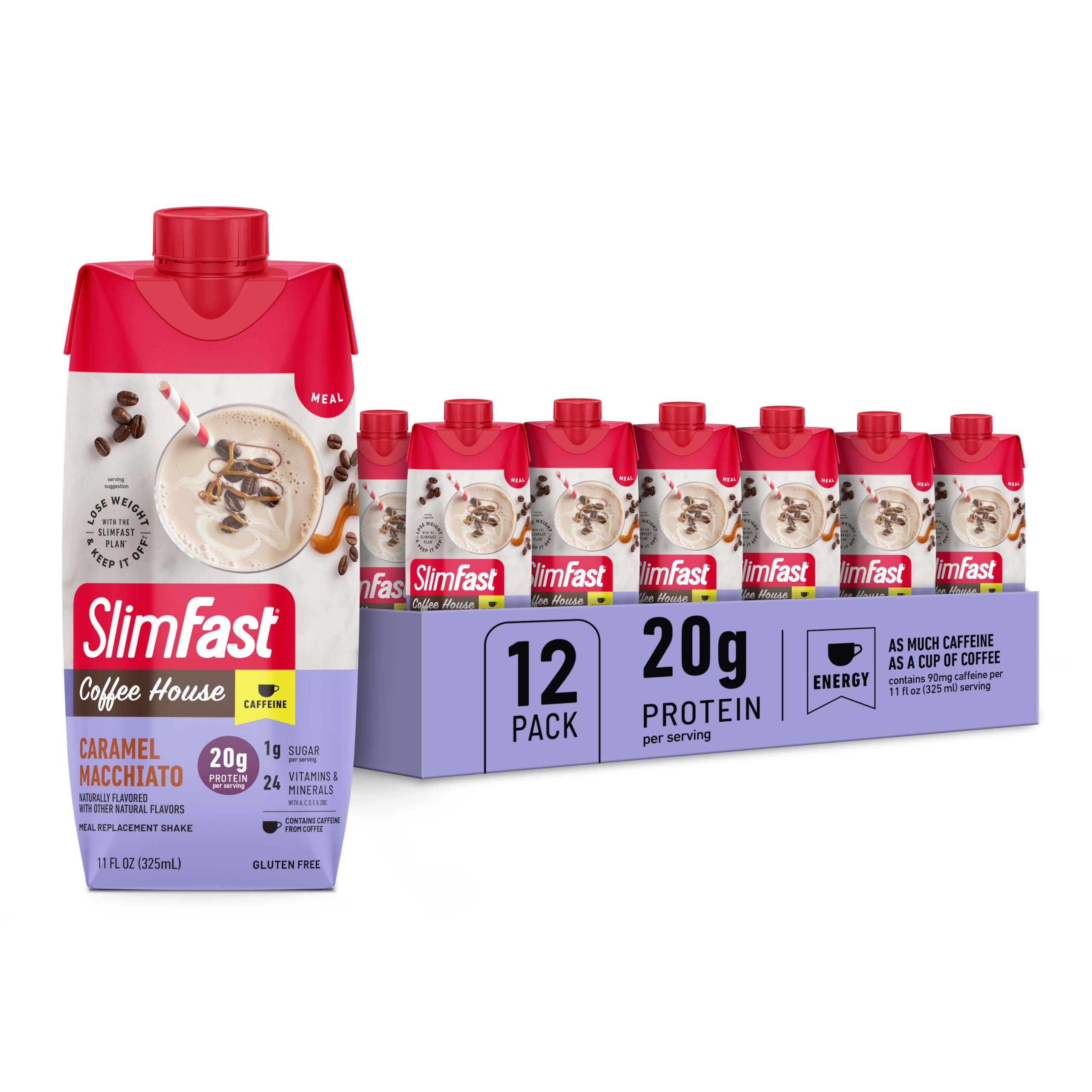 SlimFast Protein Shake with Caffeine - Caramel Macchiato Flavor, 20g Protein Meal Replacement Shake, Low Carb Low Sugar, 24 Vitamins & Minerals (12 Count) - Perfect for Weight Loss, Post-Workout Recovery & Busy Mornings