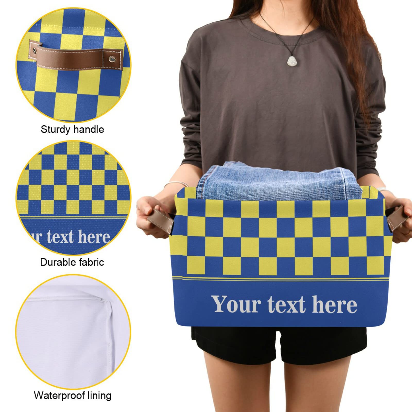 Checkerboard Yellow Blue Plaid Collapsible Storage Basket with Leather Handles - Rectangular Storage Bin for Kitchen, School, Office & Home Organization | Perfect for Shelves, Closets & Laundry Room