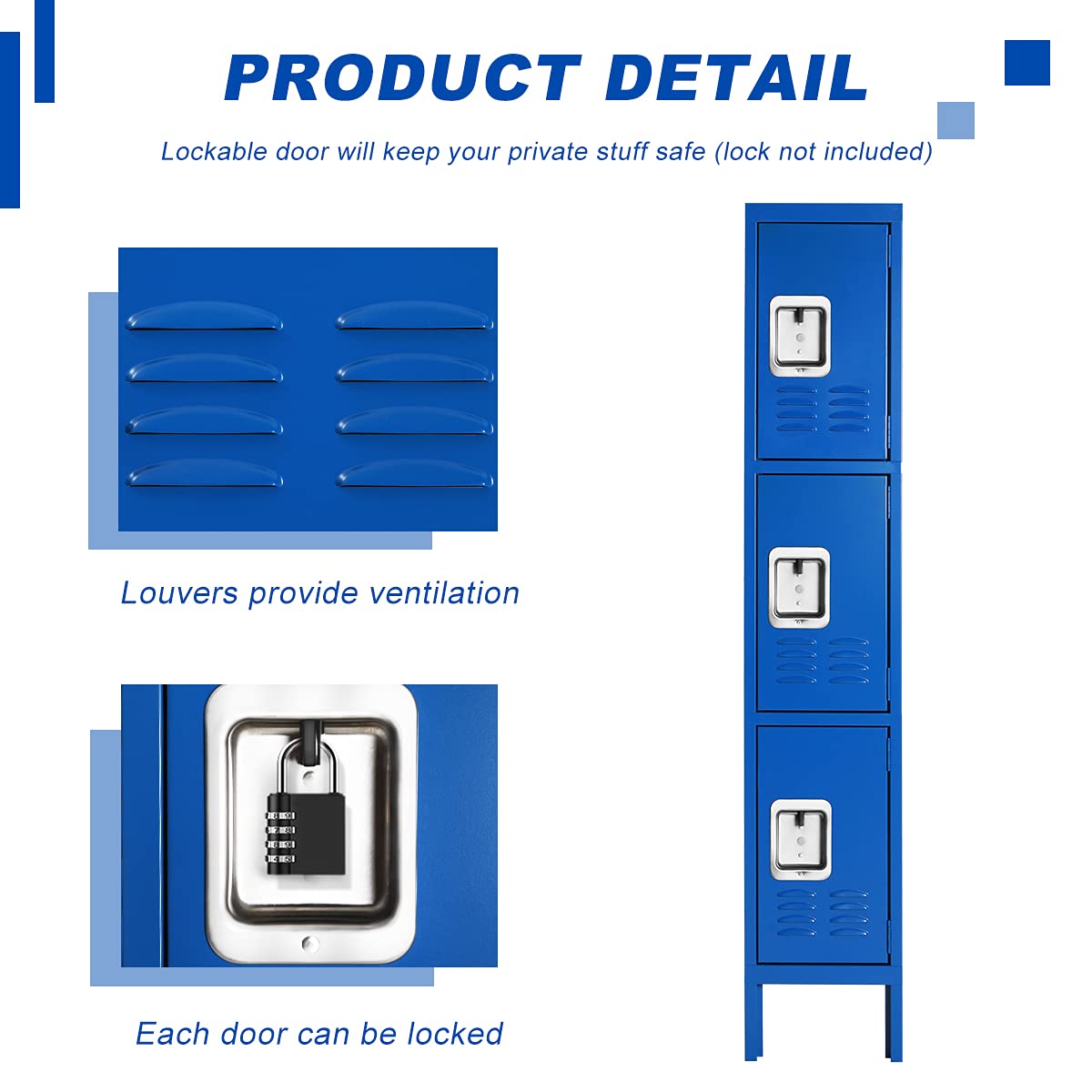 3-Tier Steel Metal Locker for Employees - Office Storage Lockers with 3 Doors, Blue | School Gym, Home & Office Organization Solution