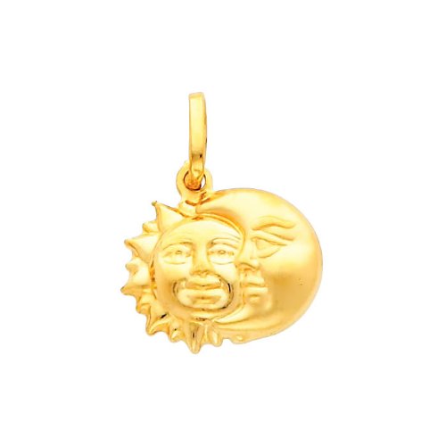 14K Yellow Gold Sun and Moon Charm Pendant Necklace with 1.2mm Rolo Chain - Perfect for Gifts, Everyday Wear, and Spiritual Jewelry Lovers