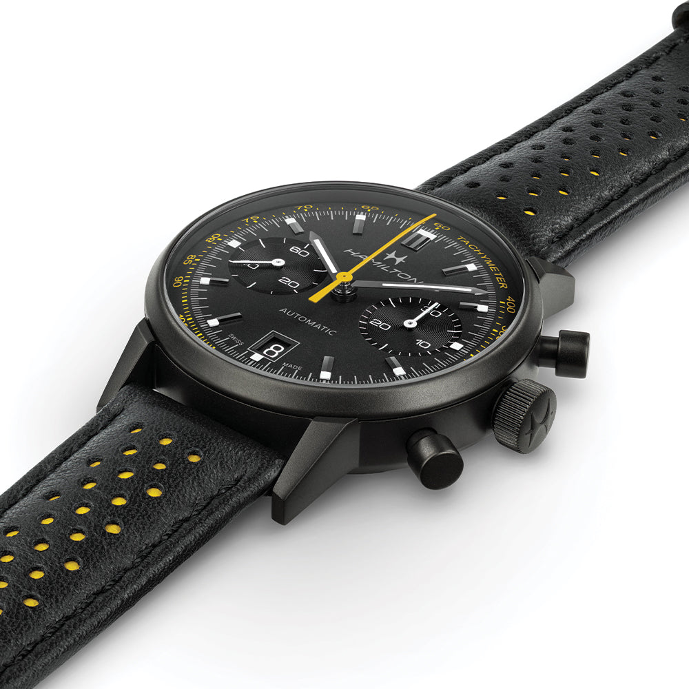American Classic Intra Matic Automatic Chronograph Watch 40mm - Black PVD Case with Genuine Leather Strap & Yellow Accents | Perfect for Business Meetings, Formal Events & Everyday Wear