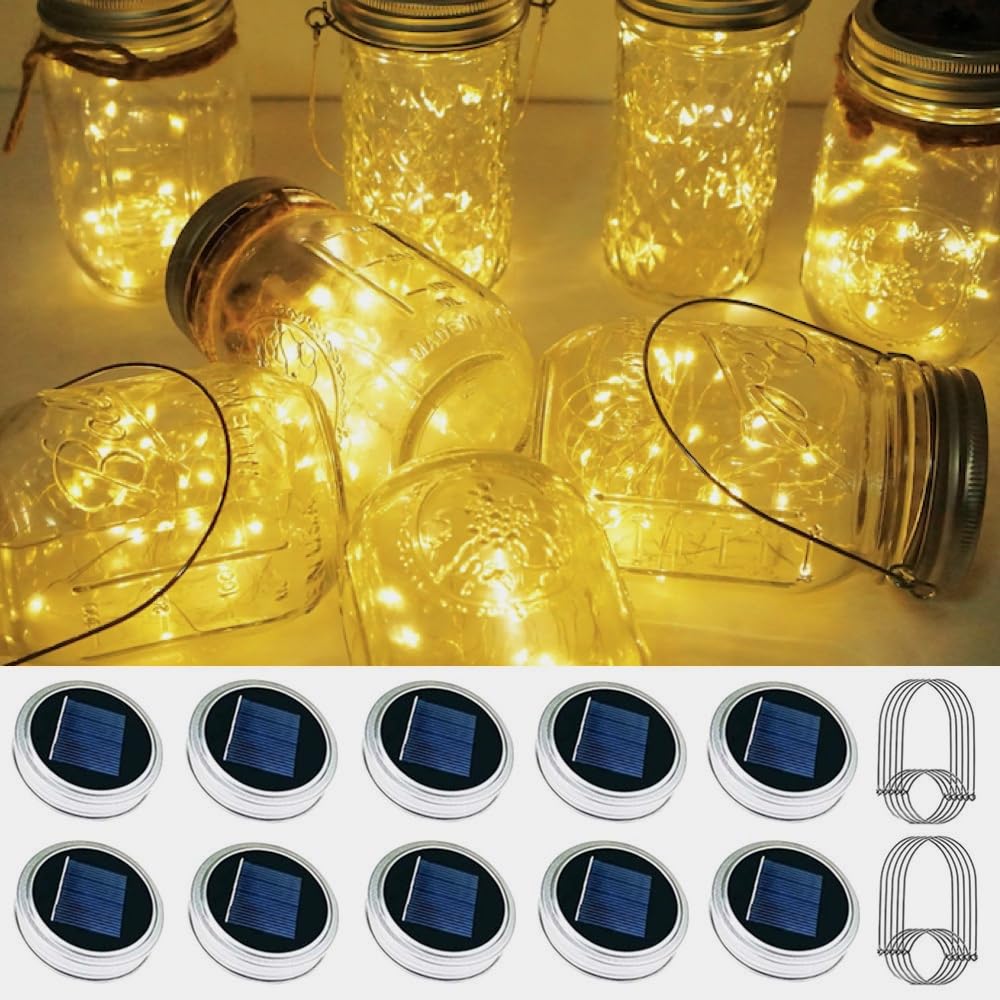 10 Pack Solar Mason Jar Lid Lights - 30 LED Waterproof Firefly Fairy Lights with Hangers (No Jars Included) - Outdoor String Lights for Patio, Garden, Wedding & Lantern Decor (Warm White) | Perfect for Backyard Parties, Romantic Evenings & Holiday Lighting