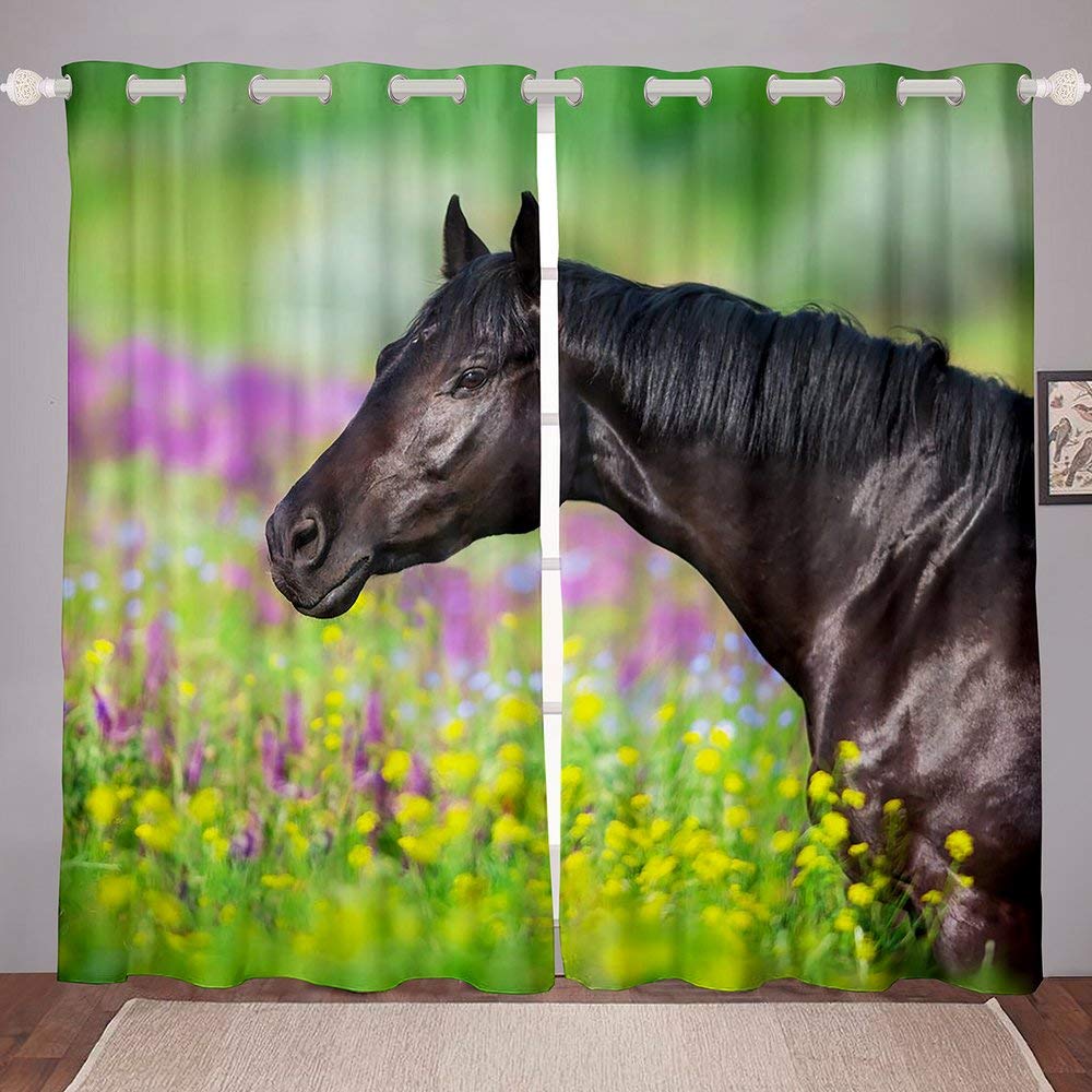Floral Horse Curtains for Kids Bedroom - Western Animal Drapes 52x90