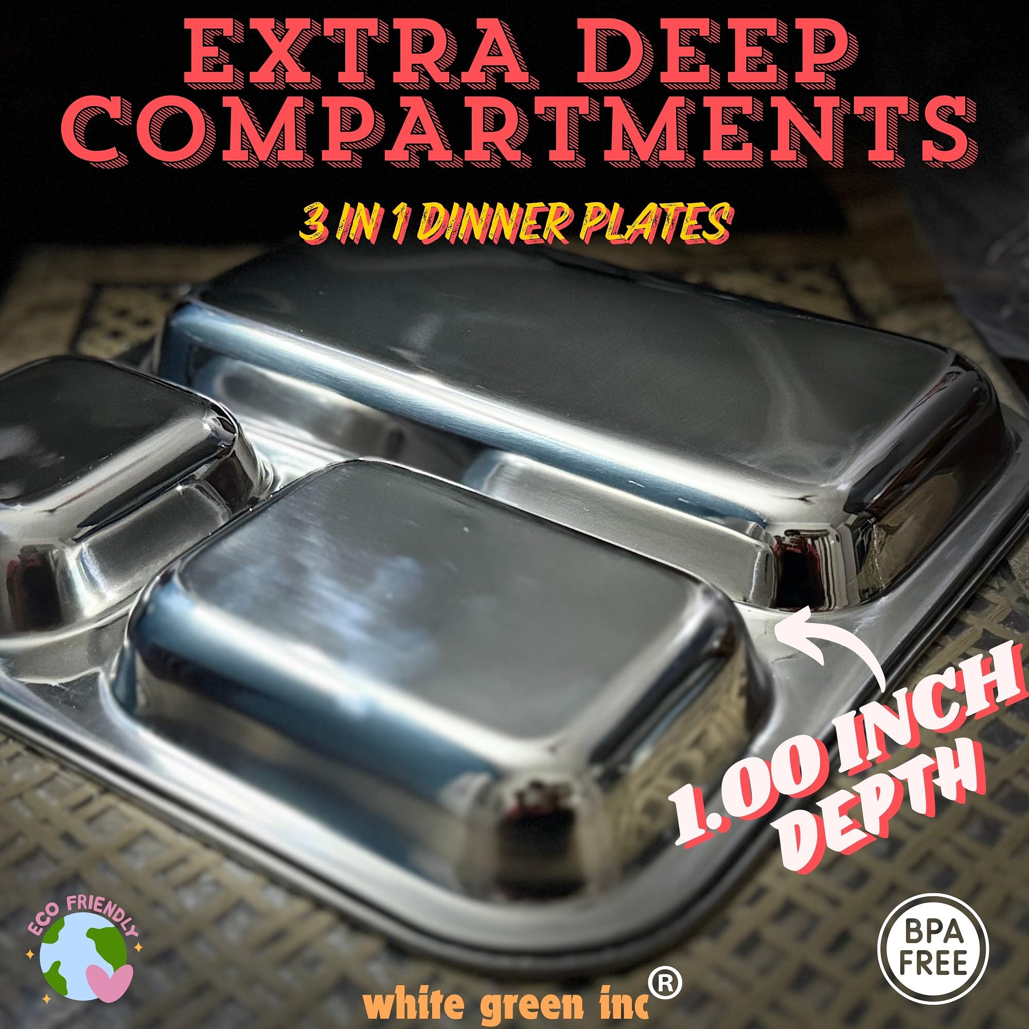 Stainless Steel Kids Plates 4-Pack - 3-Section Divided Portion Control Trays for Toddlers | Non-Toxic Metal Dinner Plates for Babies | Perfect for Camping, School Lunches & Family Meals