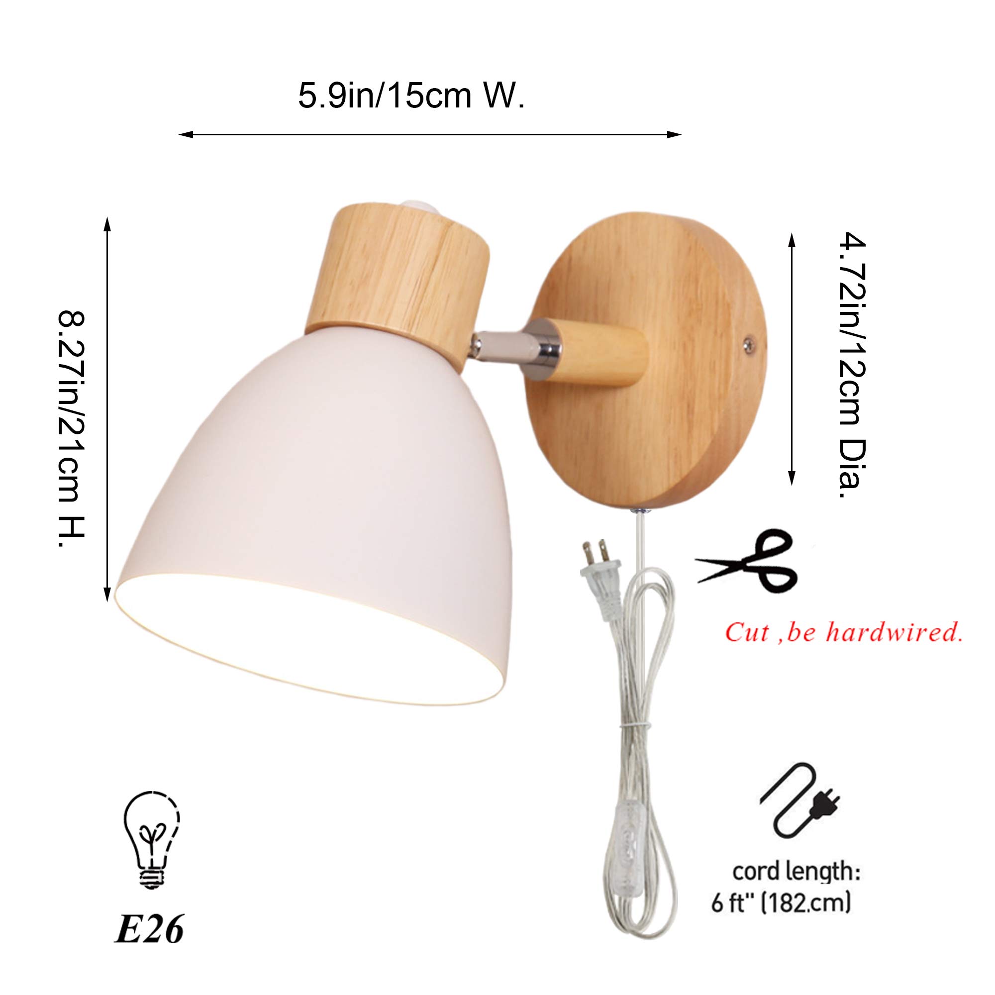 2-Pack Adjustable Wall Sconces with UL Plug-in Cord, E26 Aluminum White Shade Industrial Wall Lamp for Bedroom Reading, Hallway, Kitchen Island & Bathroom Lighting - Macaron Style Home Decor