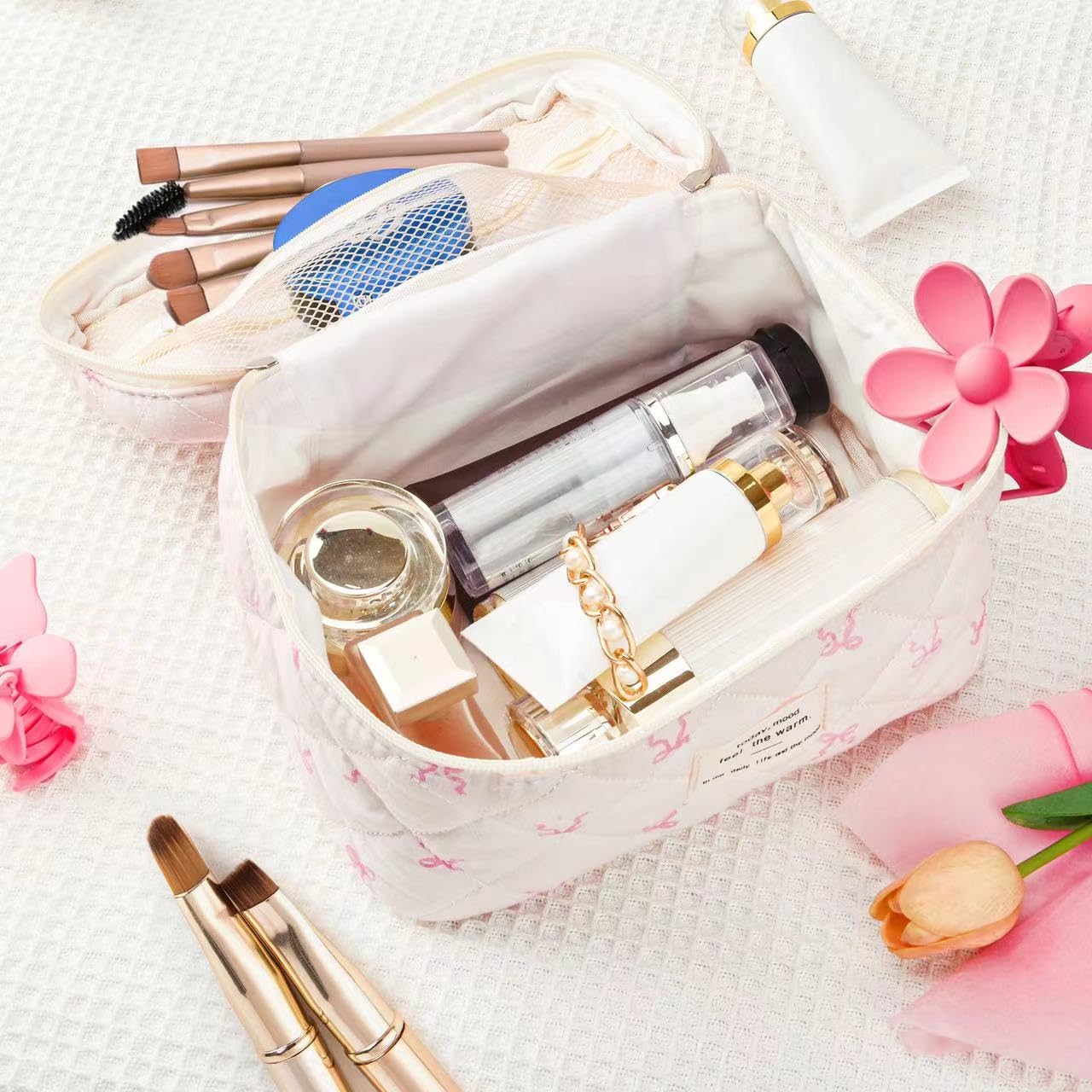 Large Travel Quilted Makeup Bag with Cute Bow - Cotton Cosmetic Organizer for Women & Girls | Floral Coquette Aesthetic Toiletry Pouch | Perfect for Travel, Gym, and Everyday Use