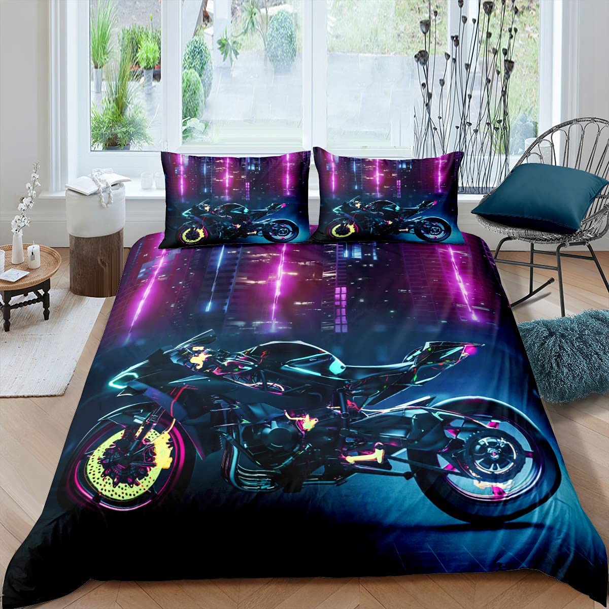 Motocross Bedding Set for Boys - Twin Size Motorcycle Comforter Cover, Dirt Bike Extreme Sport Duvet Cover Set - 2 Piece Kids Room Decor for Car & Racing Game Themed Bedrooms - Perfect for Motocross Fans and Sports Enthusiasts