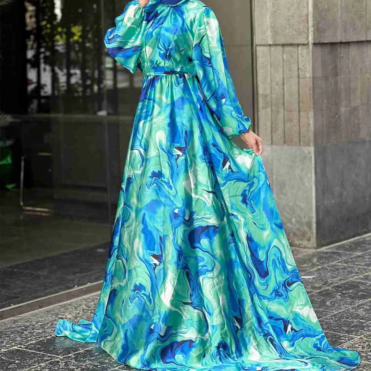 Elegant Printed Muslim Women's Satin Abaya Dress - Modest Islamic Prayer Dress for Eid, Wedding & Special Occasions