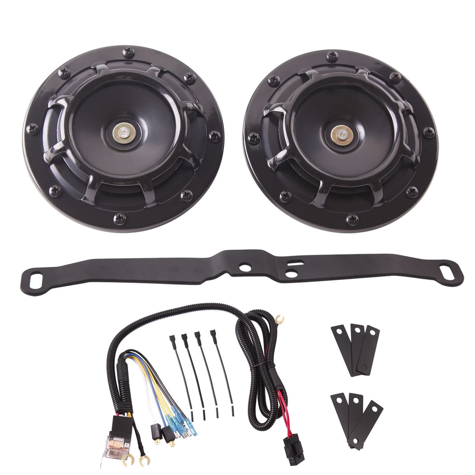 FARBIN Waterproof Car Horn Kit - Loud Super Tone High & Low Metal Twin Horns with Protective Grill, Harness & Bracket (Black) - Perfect for Trucks, SUVs & Off-Road Vehicles