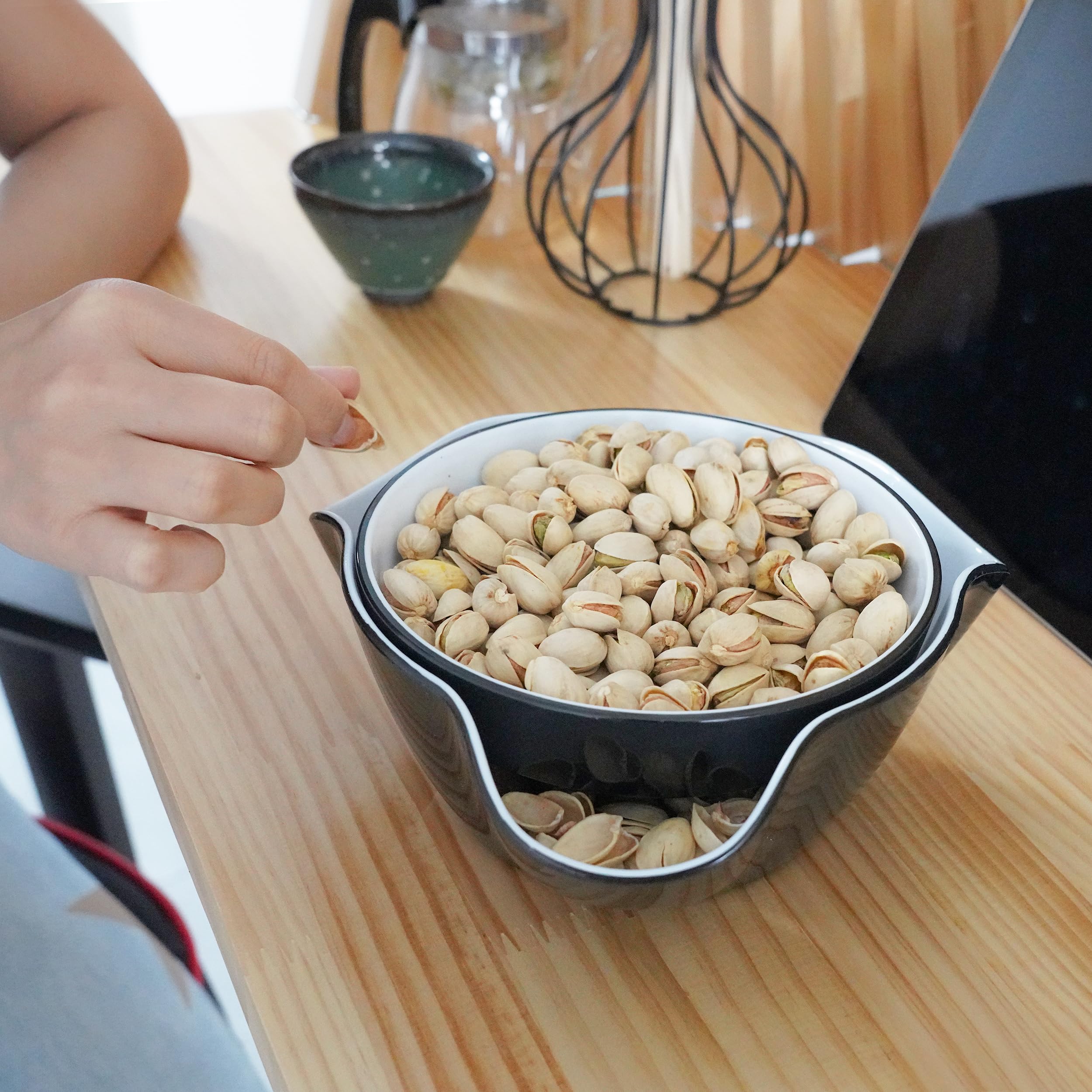 Premium Pistachio Bowl - Double Dish Nut & Snack Serving Bowl with Shell Storage - Perfect for Pistachios, Peanuts, Popcorn, Fruits & Candy - Ideal for Parties, Movie Nights & Family Snack Time - Black & White Design
