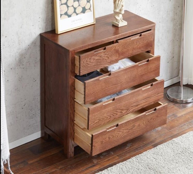 AKAMINE Solid Wood Chest of Drawers - Japanese Nordic Style 5-Drawer Dresser for Bedroom, Living Room & Office Storage