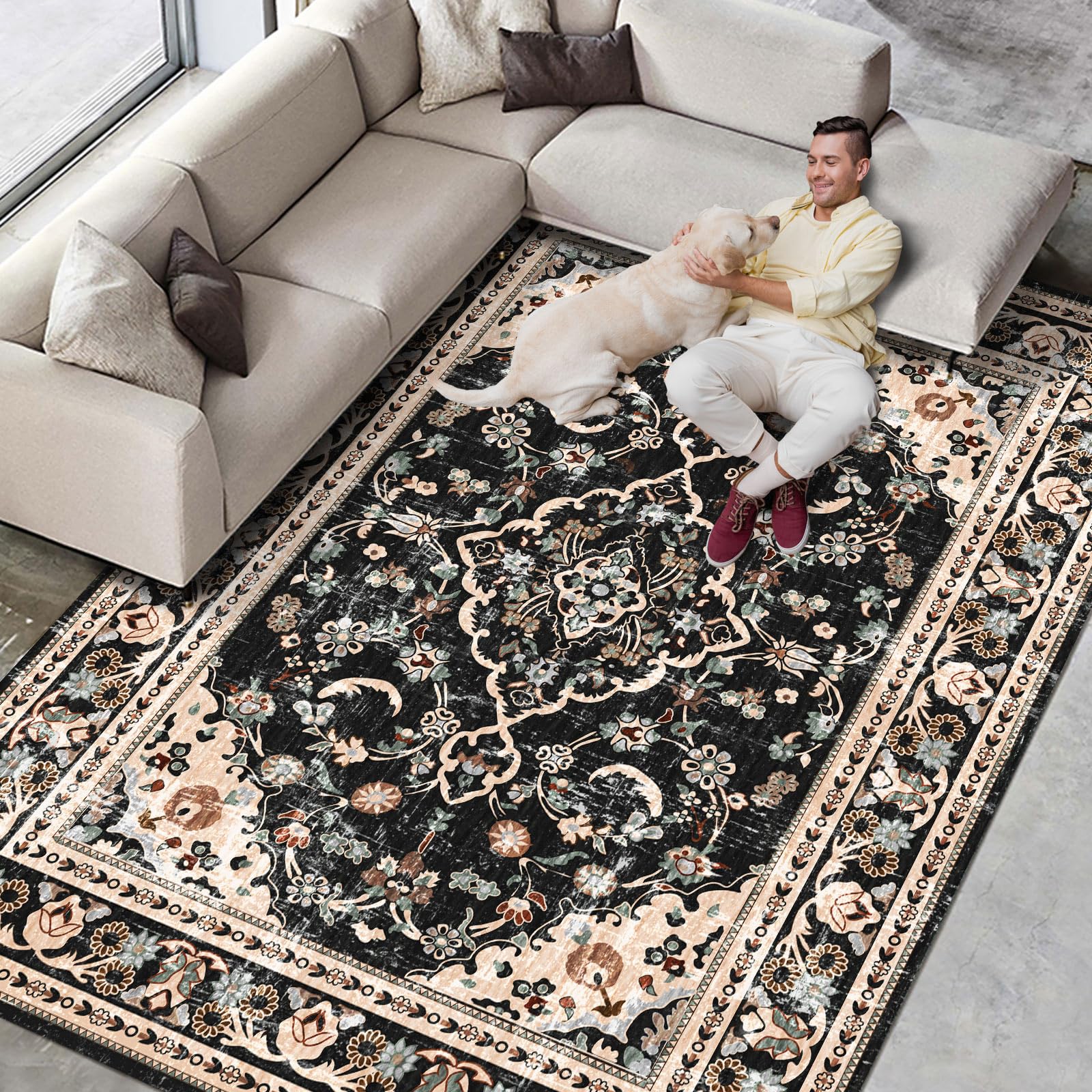 Vintage Boho Washable Area Rugs 8x10 - Black & Brown Modern Neutral Large Carpet for High Traffic - Non Slip Farmhouse Rug for Dining Room, Living Room, Bedroom - Perfect for Home Decor & Cozy Spaces
