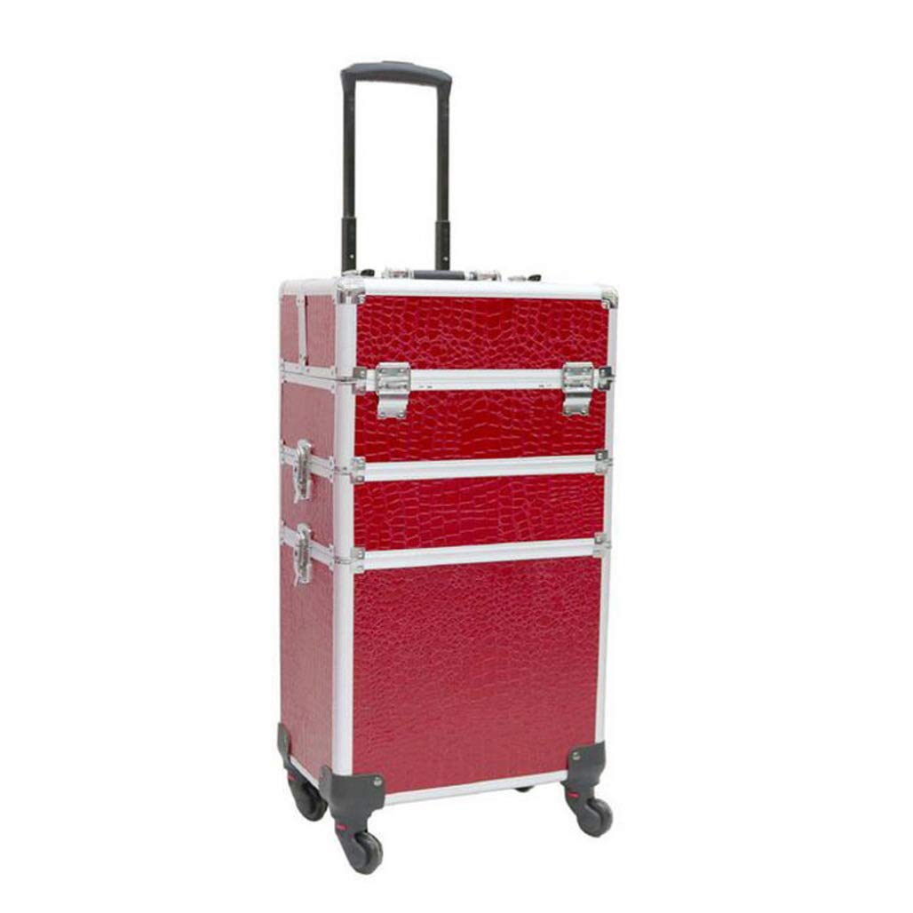 DPPAN 3-in-1 Professional Large Rolling Makeup Train Case - Aluminum Cosmetic Trolley with 360° Wheels for Beauty Salon, Stylist & Travel (Red) - Perfect for Mobile Makeup Artists & Salon Professionals On-The-Go