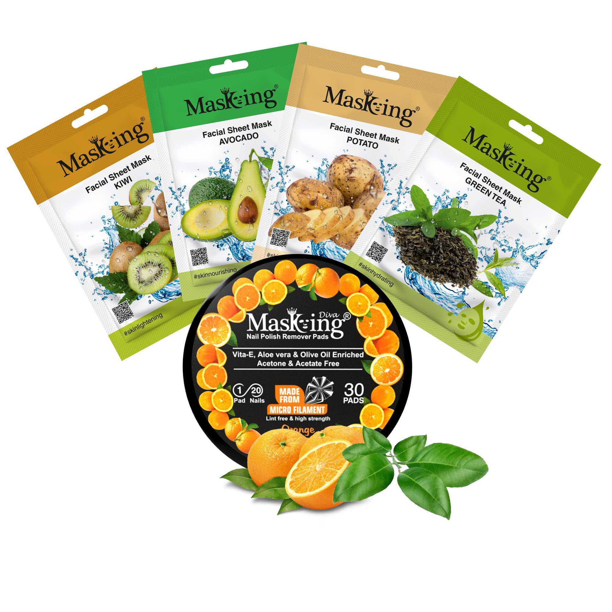 MasKing Beauty Facial Sheet Mask Combo Pack of 4 - Kiwi, Avocado, Potato & Green Tea Extract for Hydration & Brightening | Diva Orange Nail Polish Remover with 30 Round Pads - Perfect for Women & Men | At-Home Spa Day & Professional Salon Use