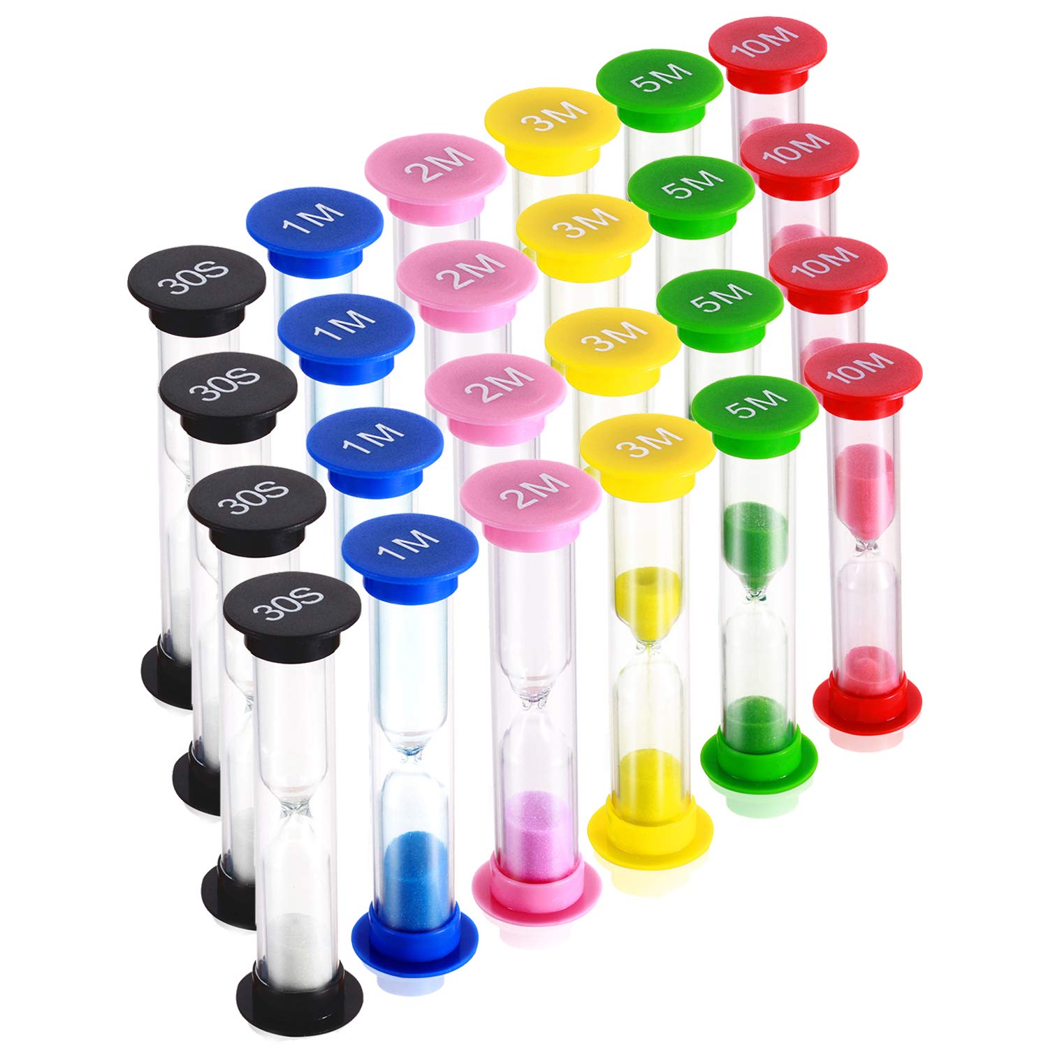 Colorful Plastic Hourglass Sand Timer Set - 30 Sec/1/2/3/5/10 Min Sand Clock for Kids Classroom, Games & Cooking (24 Pack) - Fun Learning Tool & Kitchen Timer for Time Management Activities