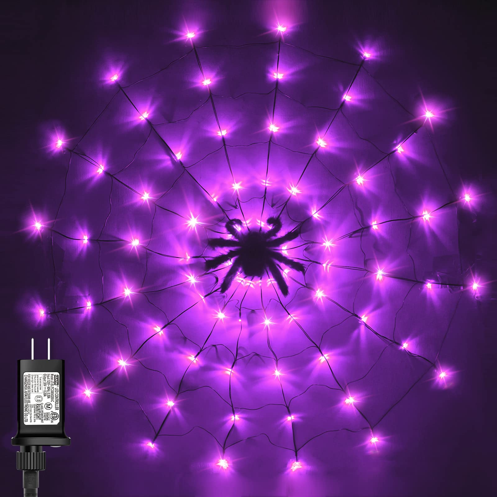80 LED Purple Halloween Spider Web Lights with Black Spider - 3.9FT Diameter Waterproof Net Lights, 8 Lighting Modes for Party, Bedroom, Bar & Haunted House Decor | Perfect for Halloween, Outdoor Decor & Spooky Atmosphere Creation