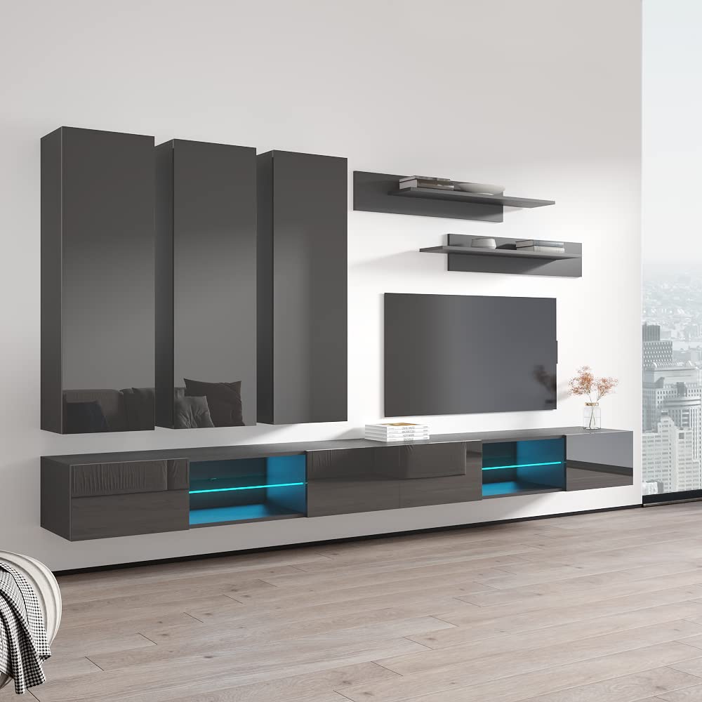 Modern Wall-Mounted TV Stand with Storage & LED Lights - Fly E33 Entertainment Center Console for Living Room & Bedroom - Floating TV Shelf Unit with Adjustable Shelves (Gray) - Perfect for Small Spaces & Home Theater Setup