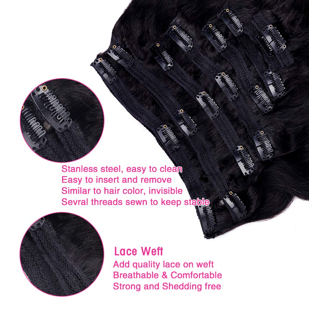 Body Wave Clip-In Hair Extensions for Black Women – 8-Piece Brazilian Virgin Human Hair Set (20 Inch, 120g, 18 Clips) – Natural Black Color for Full Head Styling – Perfect for Parties, Weddings & Everyday Glam