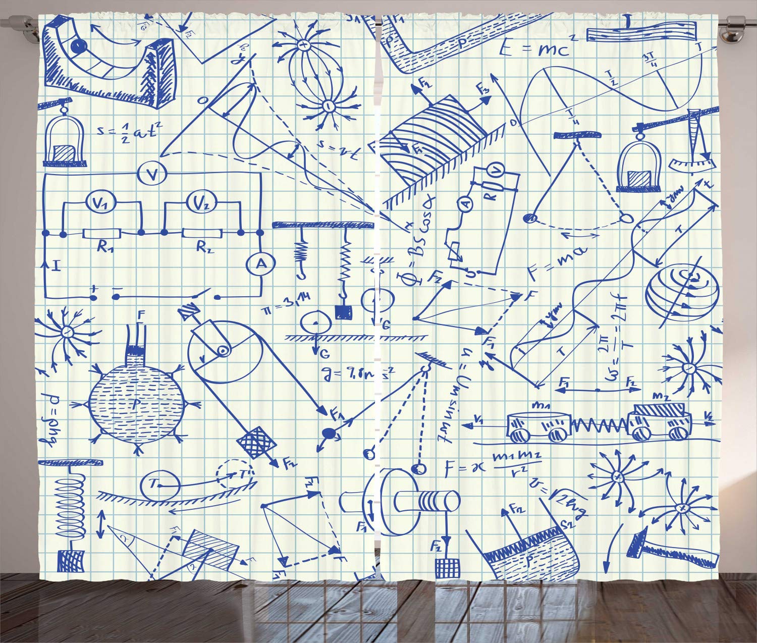 Ambesonne Physics Themed Curtains - Technical Formulas & Drawings on Grid Paper Design, Ivory & Indigo Window Drapes (108x108 Inches, 2 Panels) for Living Room, Bedroom, Study or Science Classroom Decor