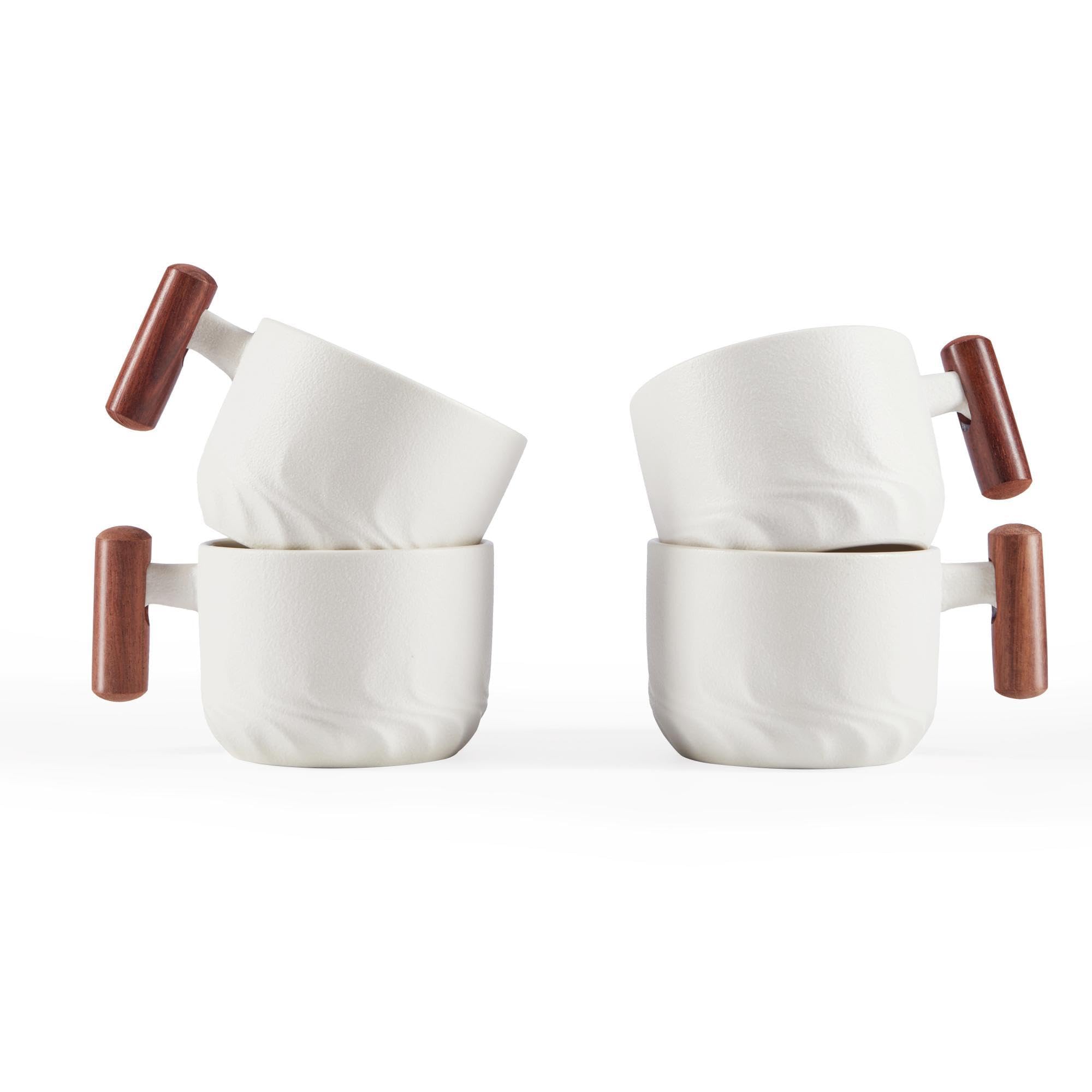 6oz Ceramic Espresso Cups with Wooden Handle - Set of 4 Small Coffee Cups for Latte, Cappuccino & Tea - Perfect for Home, Cafe or Gift Giving