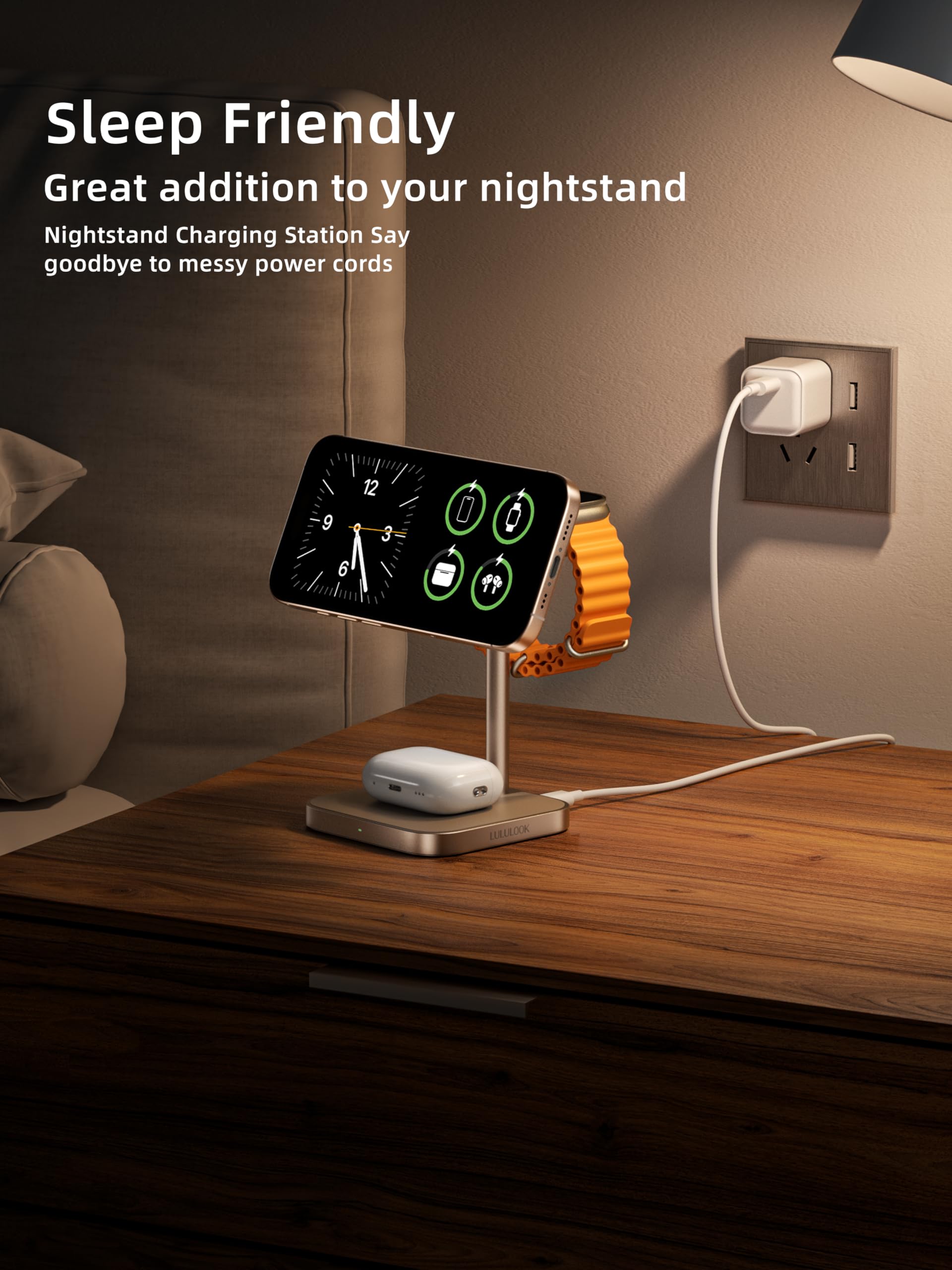 LULULOOK Qi2 Certified 3-in-1 Wireless Charging Station | 15W Fast MagSafe Charger for iPhone 15/14/13 | Compatible with Apple Watch & AirPods | Aluminum Stand with 30W USB-C Adapter (Desert Gold) | Perfect for Home, Office & Nightstand Charging