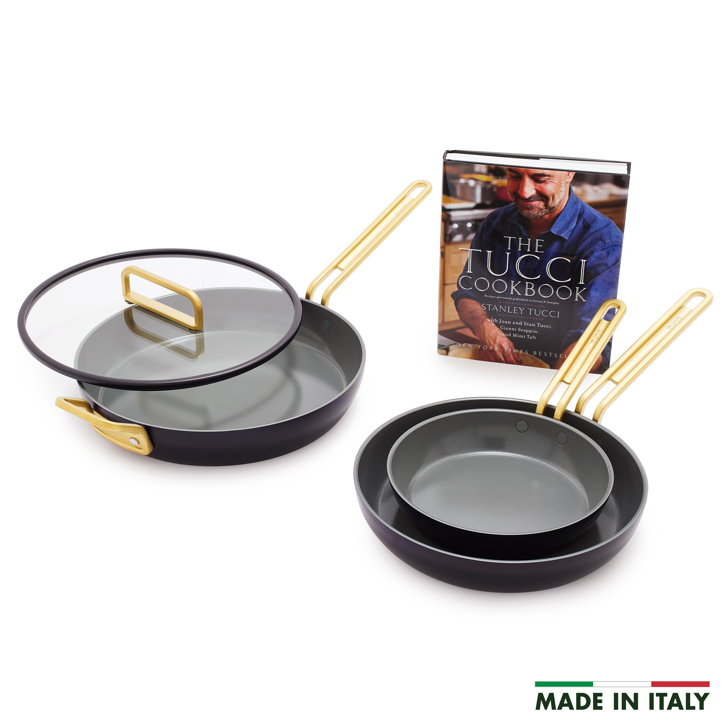 Stanley Tucci™ Ceramic Nonstick 4-Piece Fry Pan Set with The Tucci Cookbook | Calabrian Fig | Perfect for Italian Cooking, Family Dinners & Gift Giving