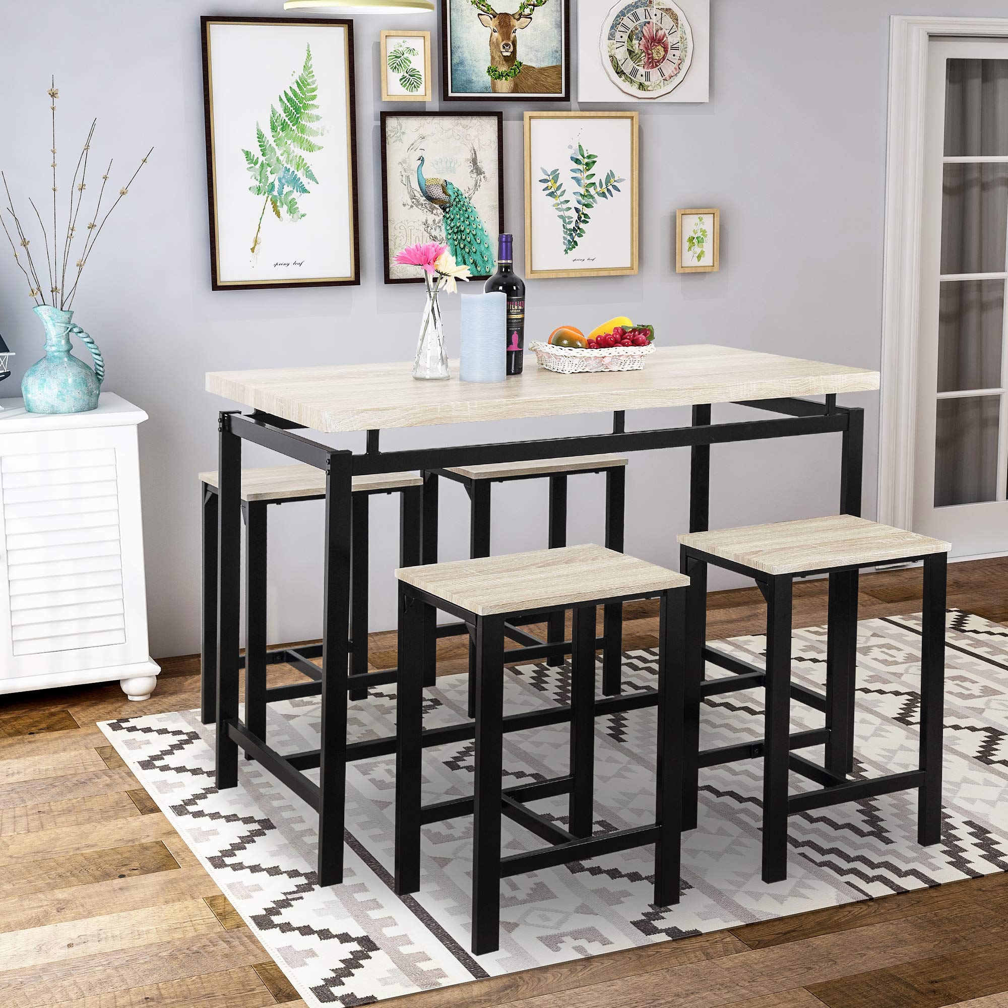 5-Piece Modern Counter Height Bar Dining Set - Wooden Kitchen Table & 4 Chairs with Metal Legs - Space-Saving Breakfast Nook Set for Small Homes & Apartments - Perfect for Compact Kitchens, Dining Areas & Morning Coffee Spaces