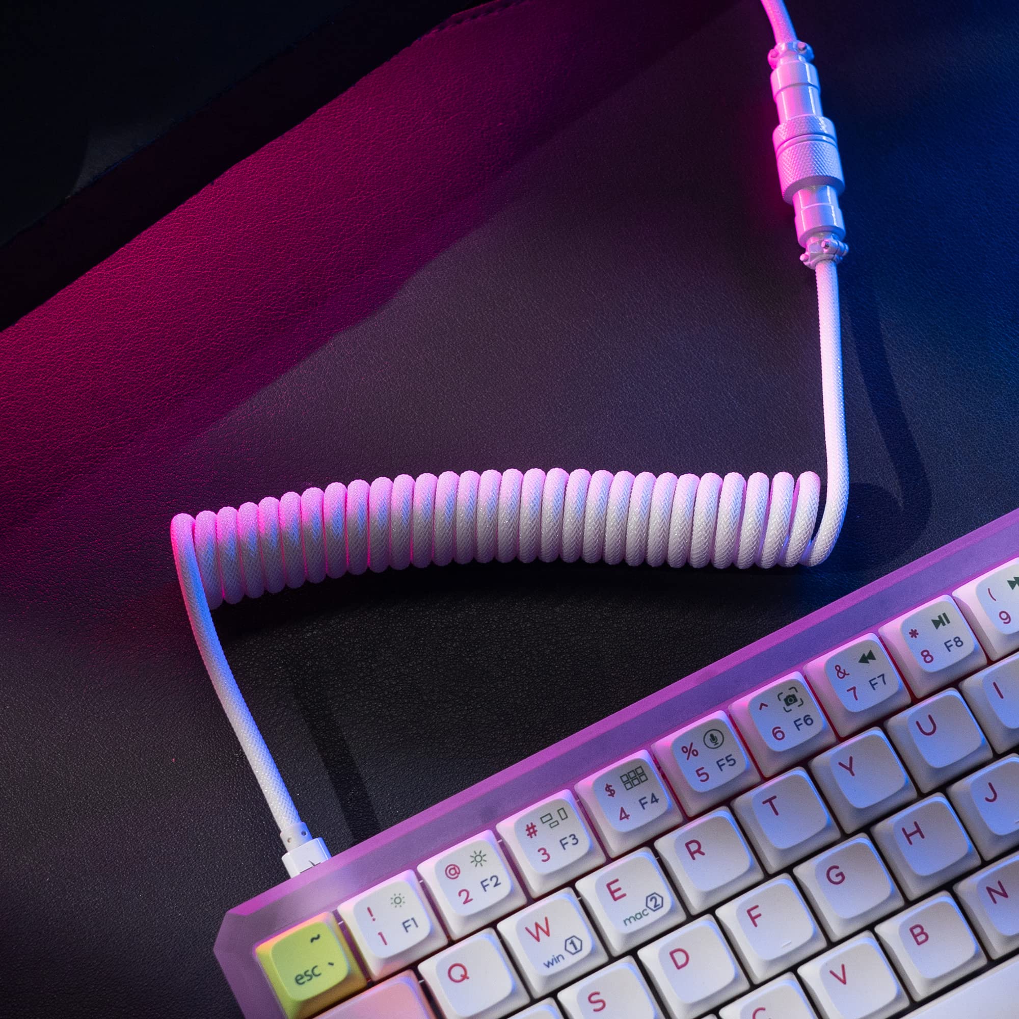Premium Coiled USB-C to USB-A Aviator Cable for Mechanical Keyboards - Double Sleeved Nylon Braided Keyboard Cable with Storage Bag (White) - Perfect for Gaming, Typing & Custom Keyboard Setups