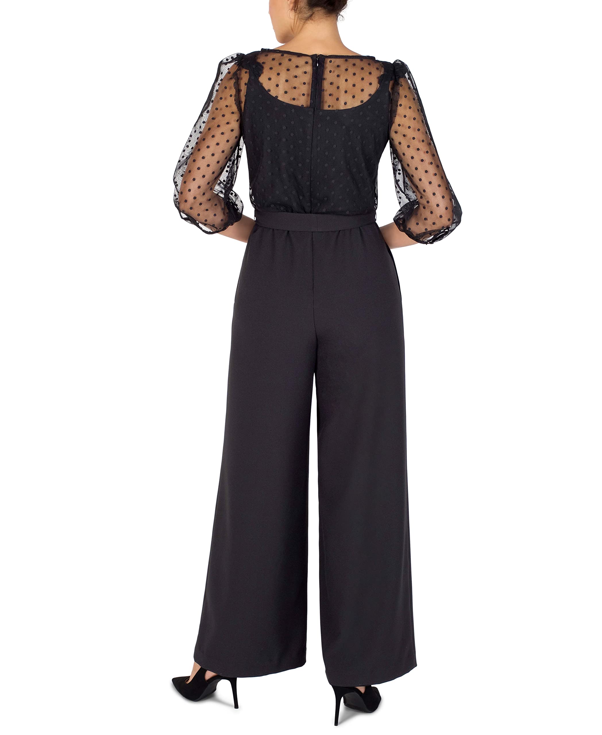 Julia Jordan Women's Puff Sleeve Boat Neck Jumpsuit with Dot Overlay Mesh Top - Black | Elegant One-Piece Romper for Party, Date Night & Special Occasions
